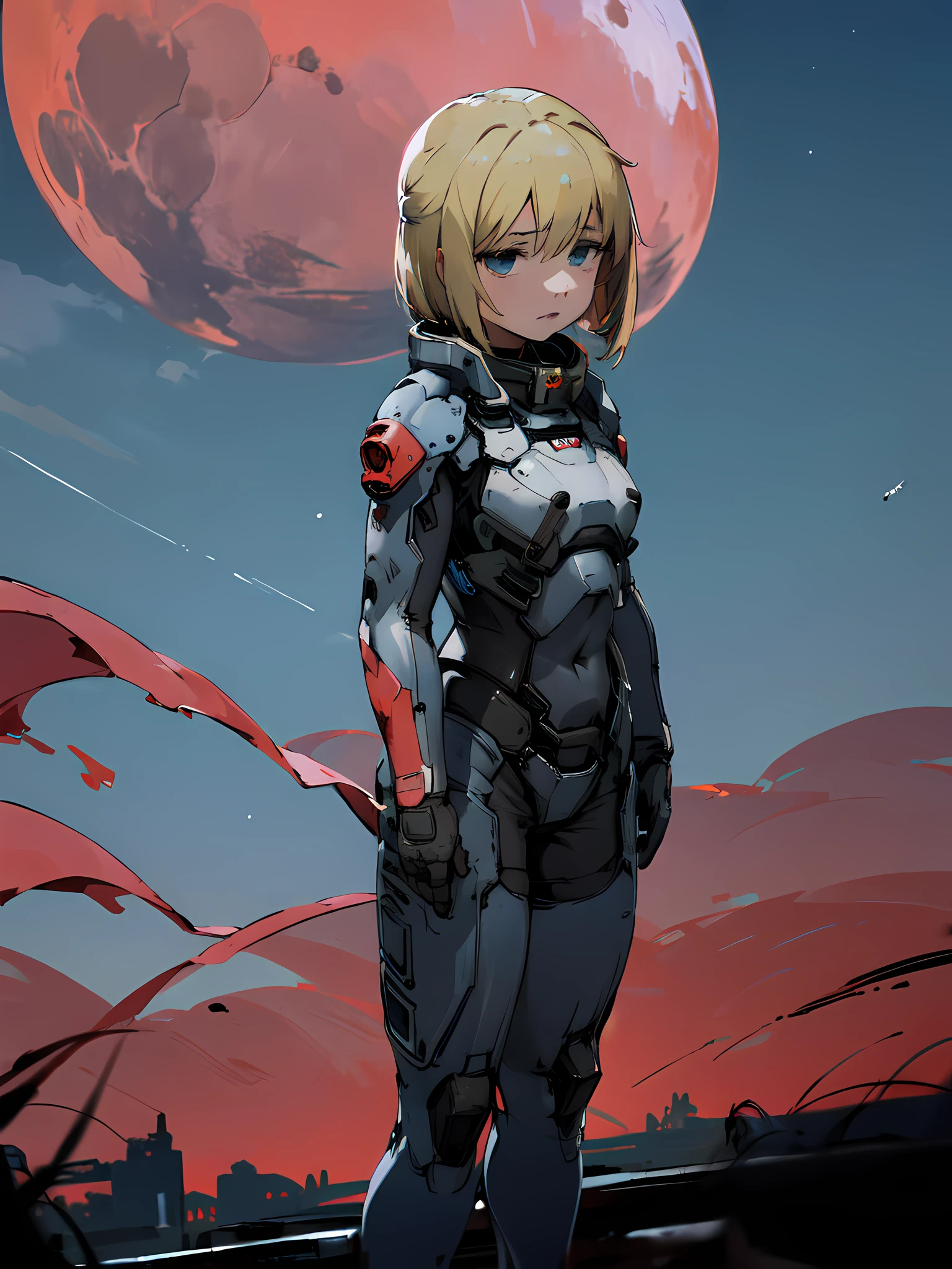 1woman, solo, protectsuits, grief face, blonde hair, blue eyes, short bob, look up sky, heavy cloudy sky, Grey field, wistfulness, from behind, Dirge for planet,Bloody-red moon, lighting from moon,(tired look),