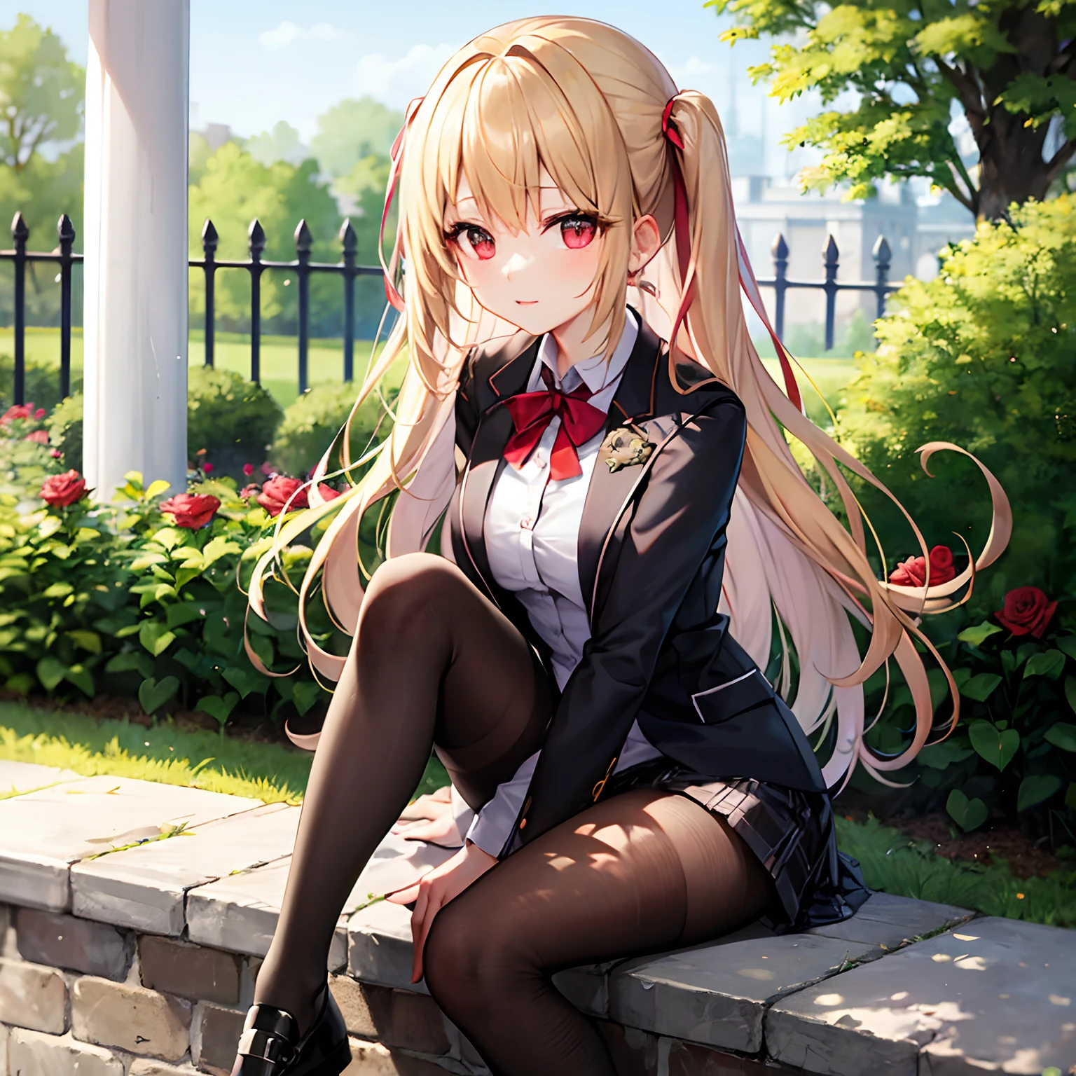 a blond、poneyTail、red eyes、Beautiful girl alone、a miniskirt、tights、rose garden、sitting on、