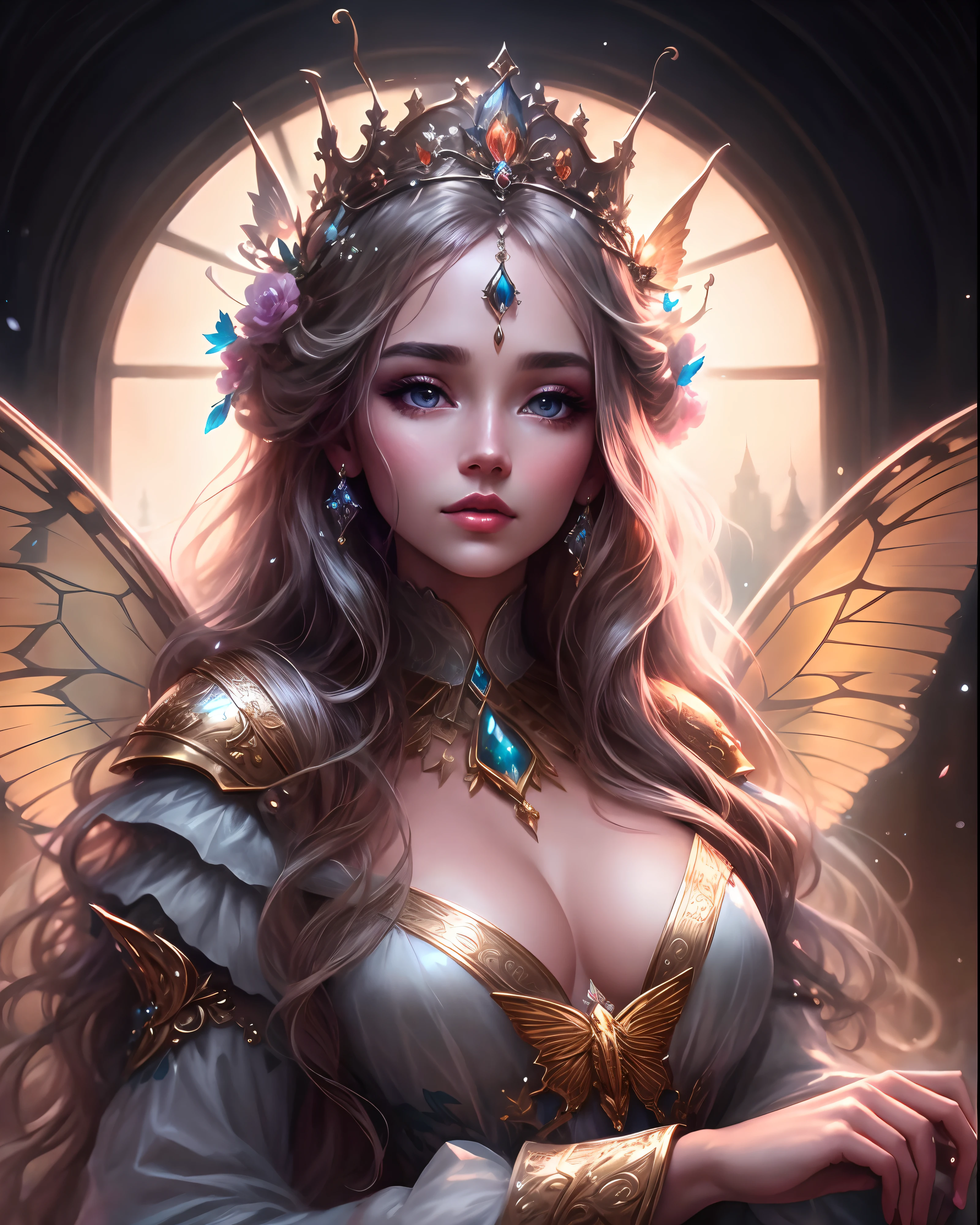 masterpiece, ultra wide shot, award winning shot, a woman with long hair and a crown on her head, beautiful butterfly wings on back, beautiful fantasy art, beautiful fantasy art portrait, beautiful fantasy portrait, very beautiful fantasy art, ethereal beauty, fantasy art style, detailed fantasy art, beautiful fantasy maiden, detailed fantasy digital art, beautiful maiden, digital fantasy art ), amazing fantasy art, a stunning portrait of a goddess, fantasy art portrait, beautiful detailed fantasy, Canon 2000D, UHD