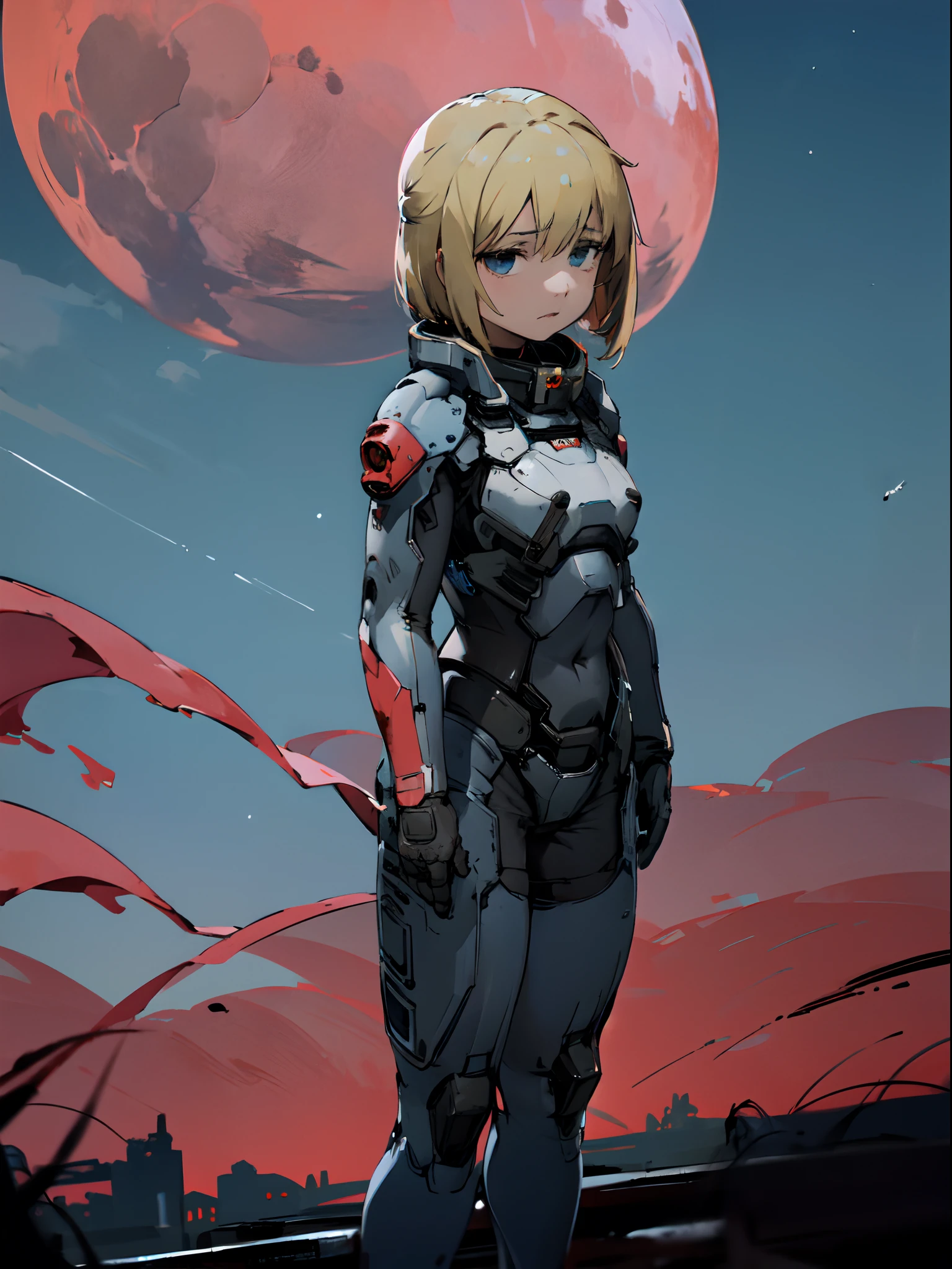 1woman, solo, protectsuits, grief face, blonde hair, blue eyes, short bob, look up sky, heavy cloudy sky, Grey field, wistfulness, from behind, Dirge for planet,Bloody-red moon, lighting from moon,(tired look),