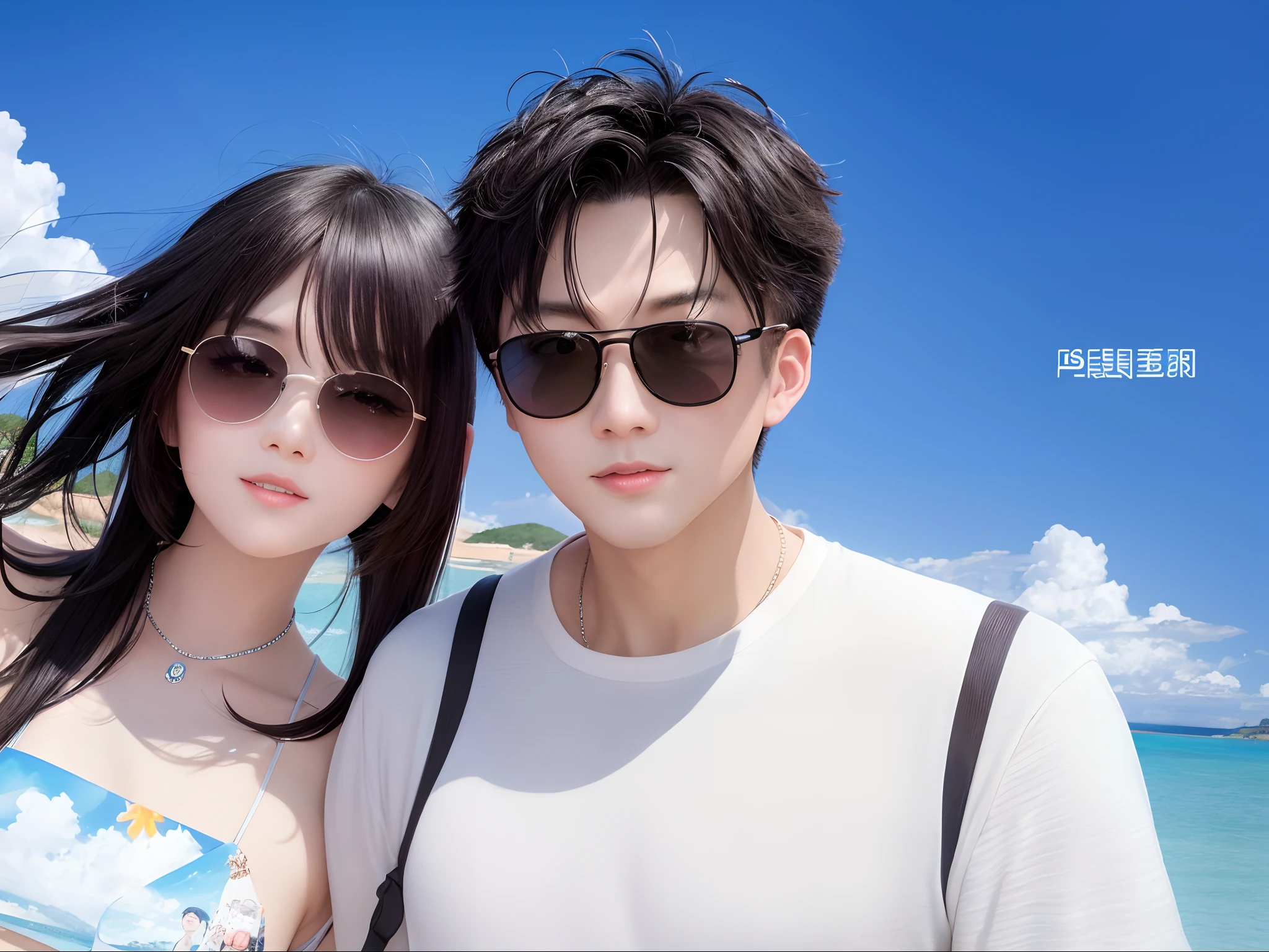 They pose for selfies on the beach,The background is the ocean, Ruan Jia and Fenghua Zhong, ruan jia and brom, with sunglass, jin shan and ross tran, cute couple, couple, vacation photo, personal profile picture, Happy couple, Li Zixin, In sunny weather, ryan jia, steve zheng, couple pose