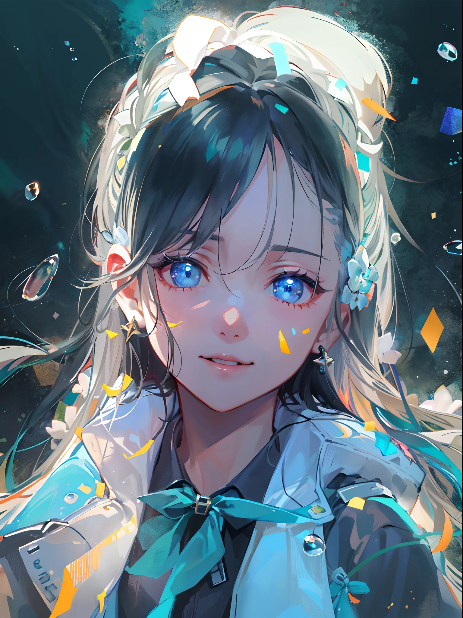 masterpiece, best quality, (dark photo:1.3), photorealistic, 1girl, flat bangs, stunning innocent symmetry face, shirt, emotional, ulzzang, (PureErosFace_V1:0.7), japeneseteacher,(masterpiece), (best quality), (ultra detailed),(disheveled hair),(illustration), (1girl), (Fashionable clothing), standing, Fashion model, looking at viewer, (interview), (simple background),beautiful detailed eyes, delicate beautiful face, Floating,(high saturation),(colorful splashes),colorful bubble,(shining), focus on face, ponytail, suisei, light blue hair, bangs, hair ring, floating flowers, floating hairs, (shining), best lighting, best shadow,perfect hand