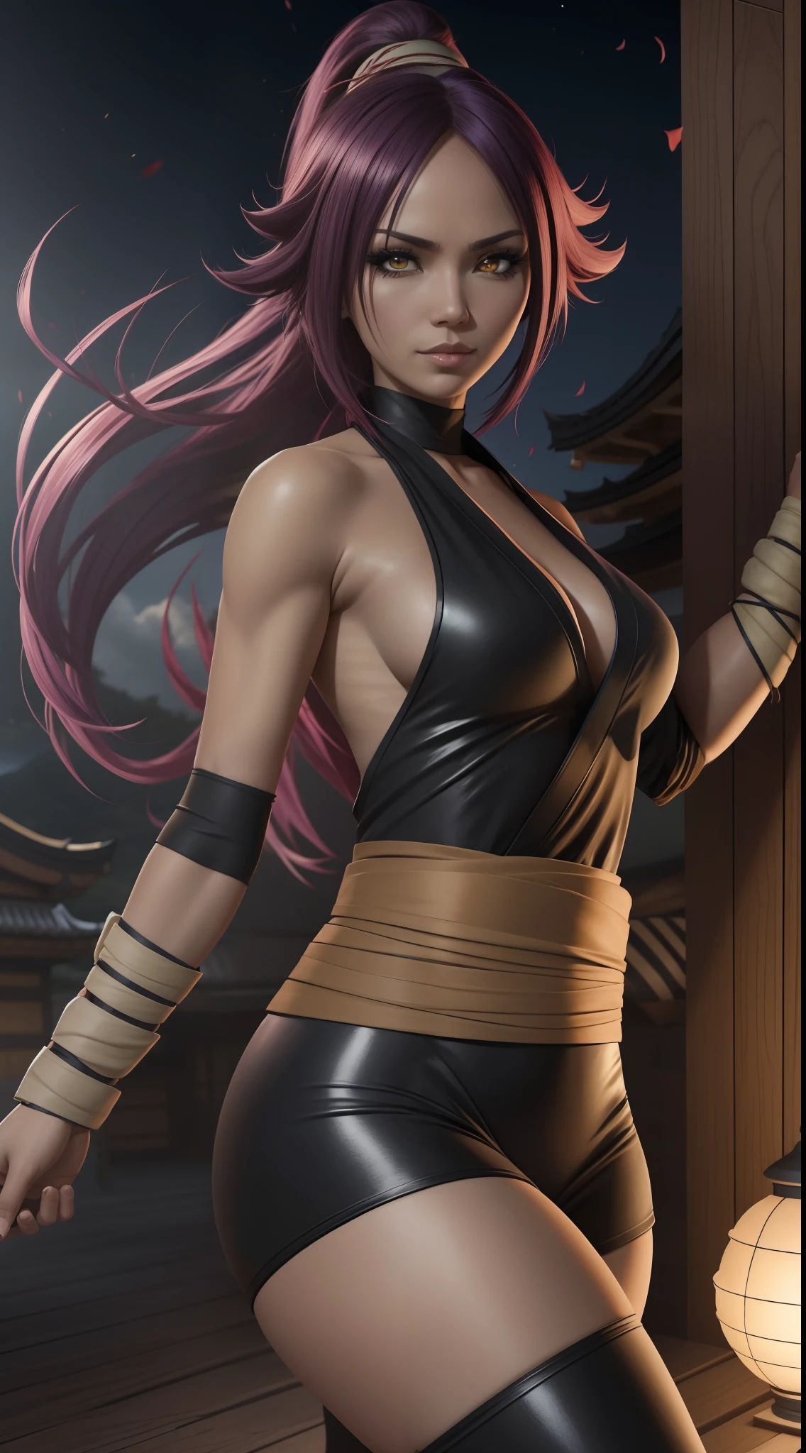 Yoruichi Shihōin in soul reaper uniform, kimono japones aberto, com roupa preta por baixo, cenario de uma casa japonesa a noite com lua cheia, (muito detalhado), Yoruichi Shihōin seductive, realista, 8K, cinema 4D, Artgerm extremamente detalhado, [ Arte digital 4K ]!!, Yoruichi Shihōin anime girl rendering