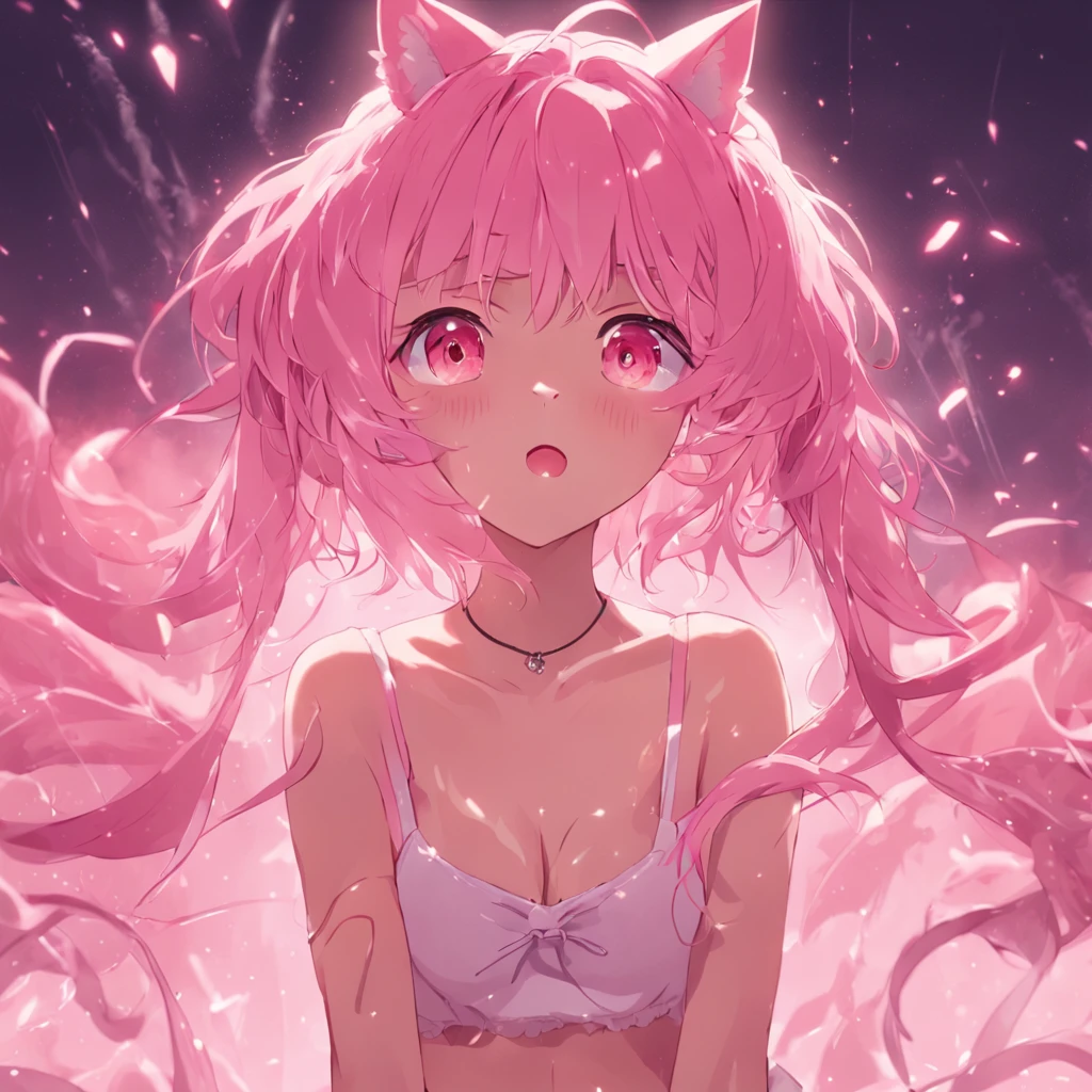 A pink-haired，dual horsetail，slip bra，Cute loli，cat ear，Two-dimensional style，short detailed hair，white legwear，having fun，，The reveal panties，Exposing bra，Reveal tender belly，Soft skin，Good morning，Sell moe，Poor milk，