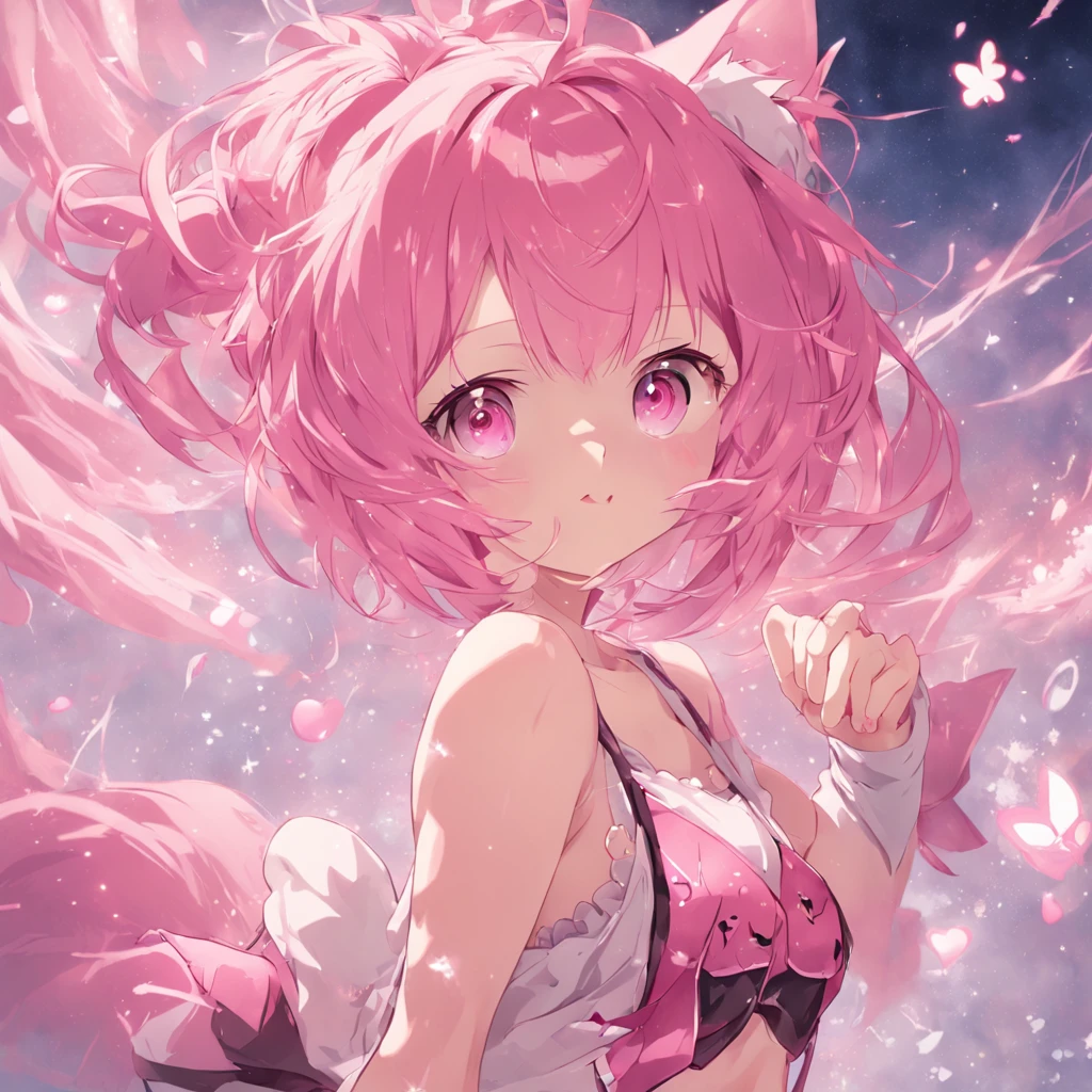 A pink-haired，dual horsetail，slip bra，Cute loli，cat ear，Two-dimensional style，short detailed hair，white legwear，having fun，junior school student，The reveal panties，Exposing bra，Reveal tender belly，Soft skin，Good morning，Sell moe，Poor milk，