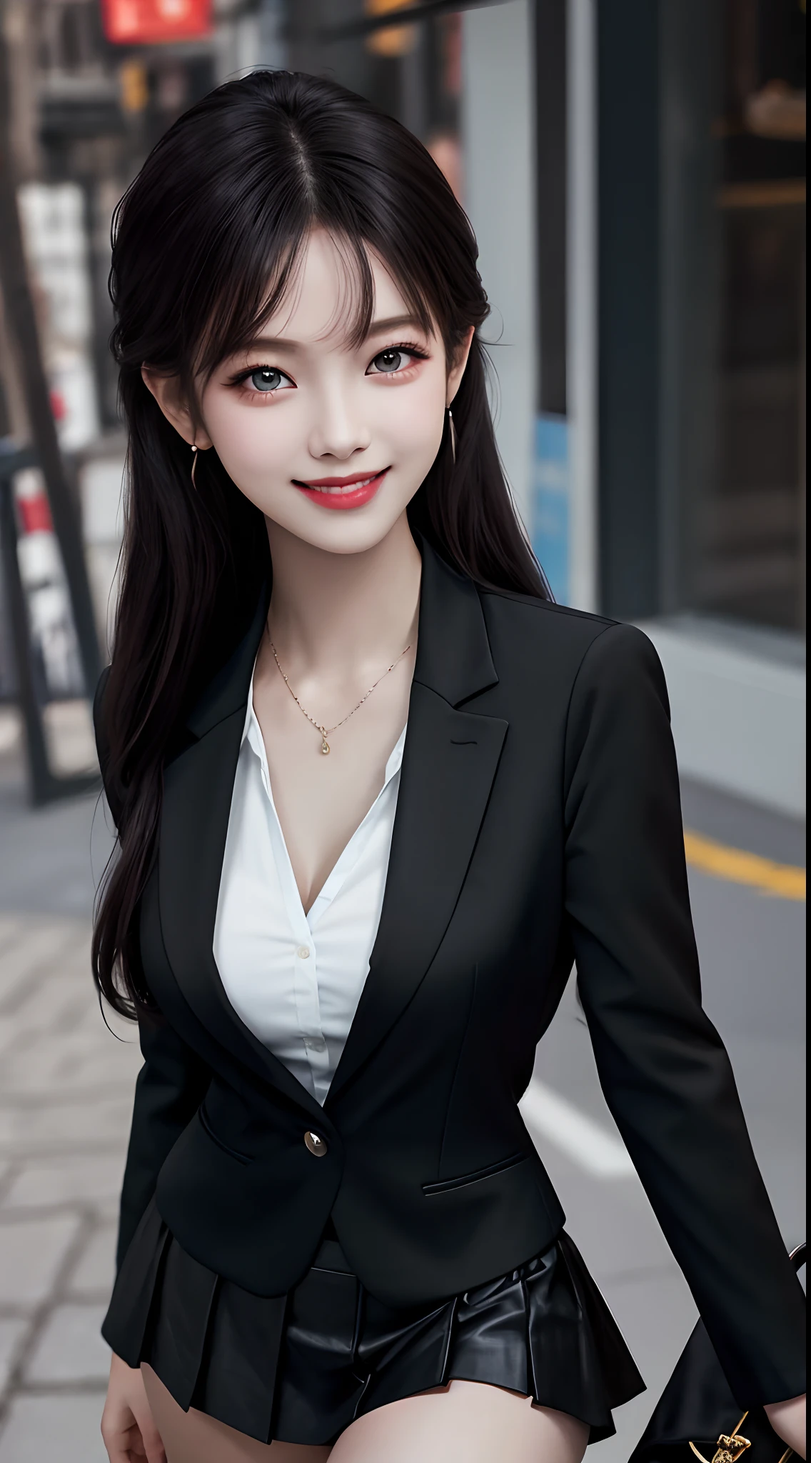 Best quality at best, A masterpice, 1girll, beautiful  face, (photographrealistic:1.3), rim lit, (highdetailskin:1.2), 8K Ultra HD, Digital SLR, high high quality, A high resolution, 4K, 8K, voque, absurdist, best ratio four finger and one thumb, (hentail realism:1.3), Cute 1girl, Wearing a black formal blazer, Big breasts, A short skirt,The best smile