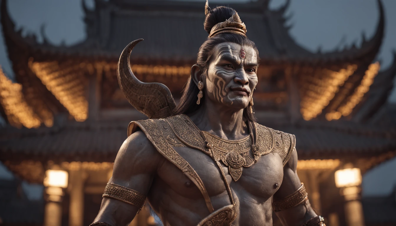 1 Handsome legendary Siam warrior Stand in front of Ancient Palace ,((Night Lighting)), ((full moon)), detailed face, Dark Fantasy Theme,