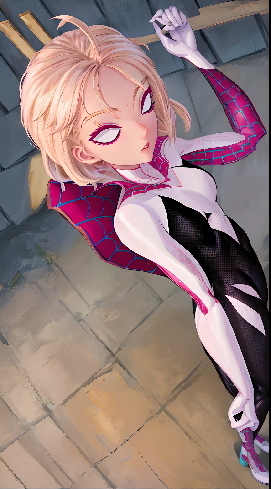 Beautiful woman detailed defined body using spider man cosplay, small breasts,pink hair, short hair, forehead showing, sakura haruno