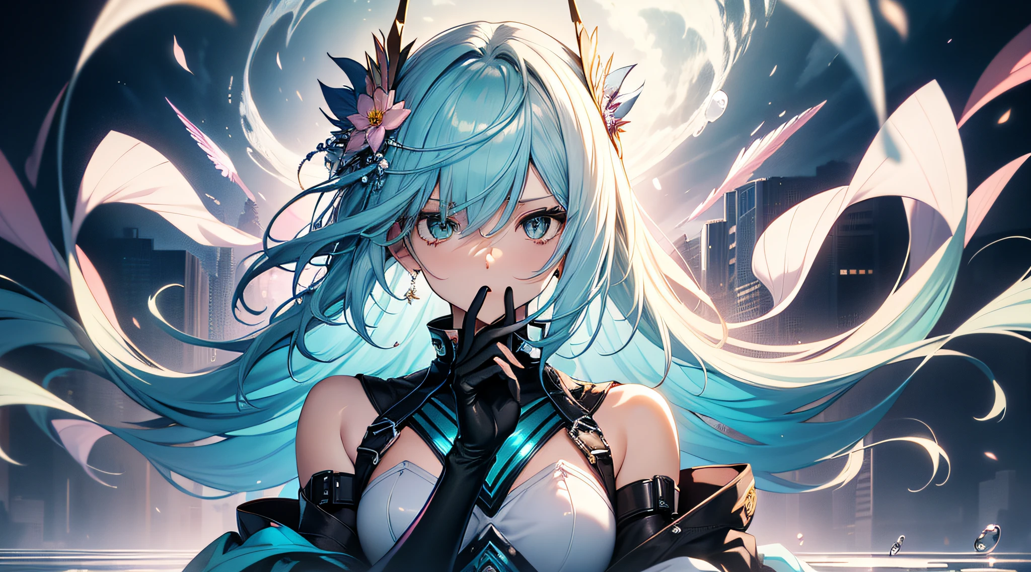 (masterpiece), (best quality), (ultra detailed),(disheveled hair),(illustration), (1girl), (Fashionable clothing), standing, Fashion model, looking at viewer, (interview), (simple background),beautiful detailed eyes, delicate beautiful face, Floating,(high saturation),(colorful splashes),colorful bubble,(shining), focus on face, kamisato ayaka, light blue hair, bangs, hair ring, floating flowers, floating hairs.Girl, anime waifu, looking at viewer, highlydetailed, reflections transparent iridescent colors, long transparent iridescent RGB hair, artby Serafleur from artstation, thick acrylic,illustration on pixiv, waist up portrait, gorgeoussacred girl, best quality, ultra detailed,sad,clever,beautiful face , beautiful lighton black background, Character stvle renderedby Octane,