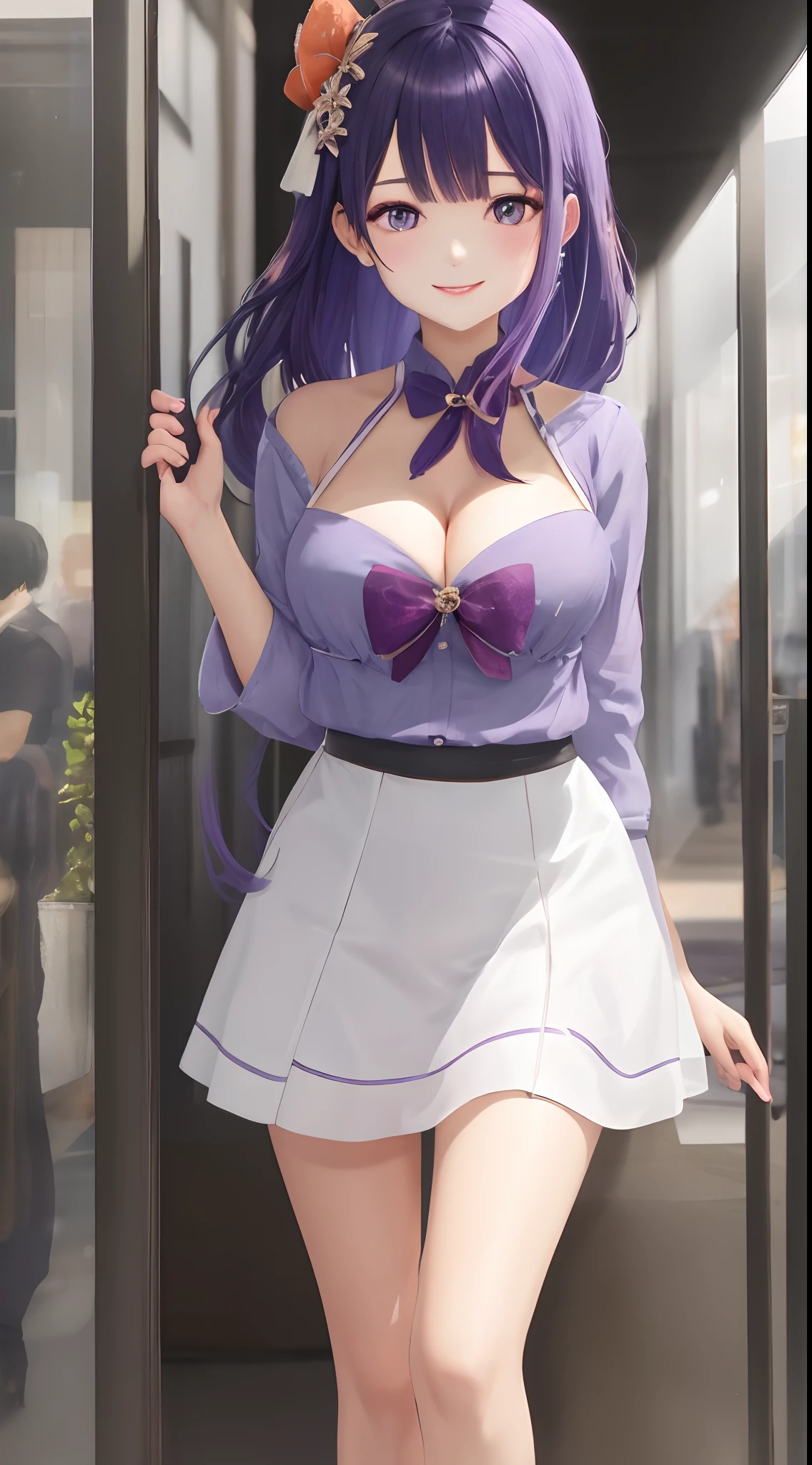 4k高清,closeup cleavage,1female,white shirt,Bow knot,Purple hair coloring,High ponytail,nedium breasts,Dress cool,鎖骨,Professional skirt,Rich in color,Ambiguous smile,