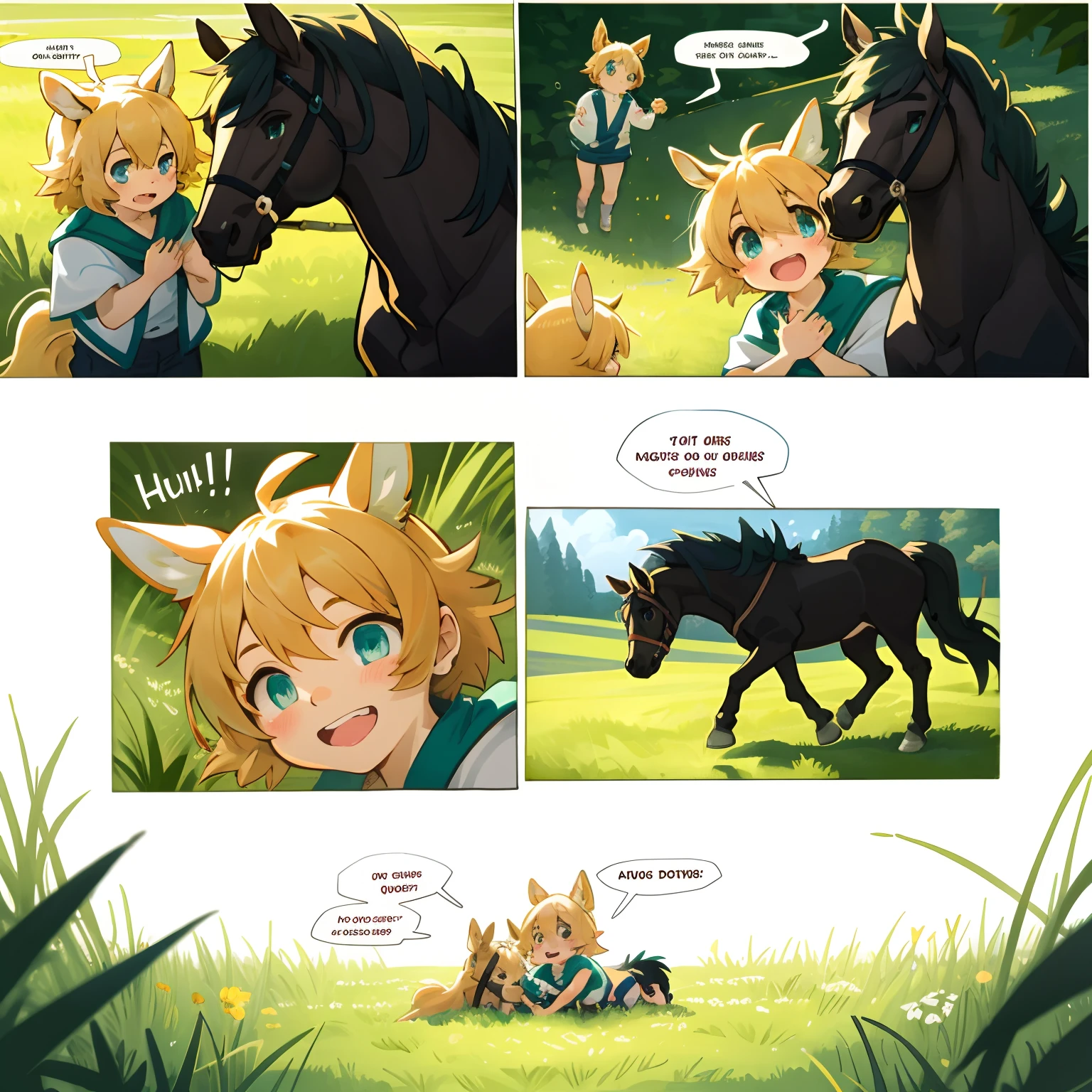 top quality, best quality, highres, masterpiece, super high resolution, detailed background, grass field(animal horse play with human children)petting, hug, biting, smile, joyful, chibi, absurdres(highly detailed beautiful face and eyes)perfect anatomy, good lighting, cinematic shadow, assorted expressions, assorted poses, assorted angles, full body, upper shot, dynamic angle(girls comic-like panel layouts, speech balloon, English text, Hand-drawn sound effects stickers used in girls comic),