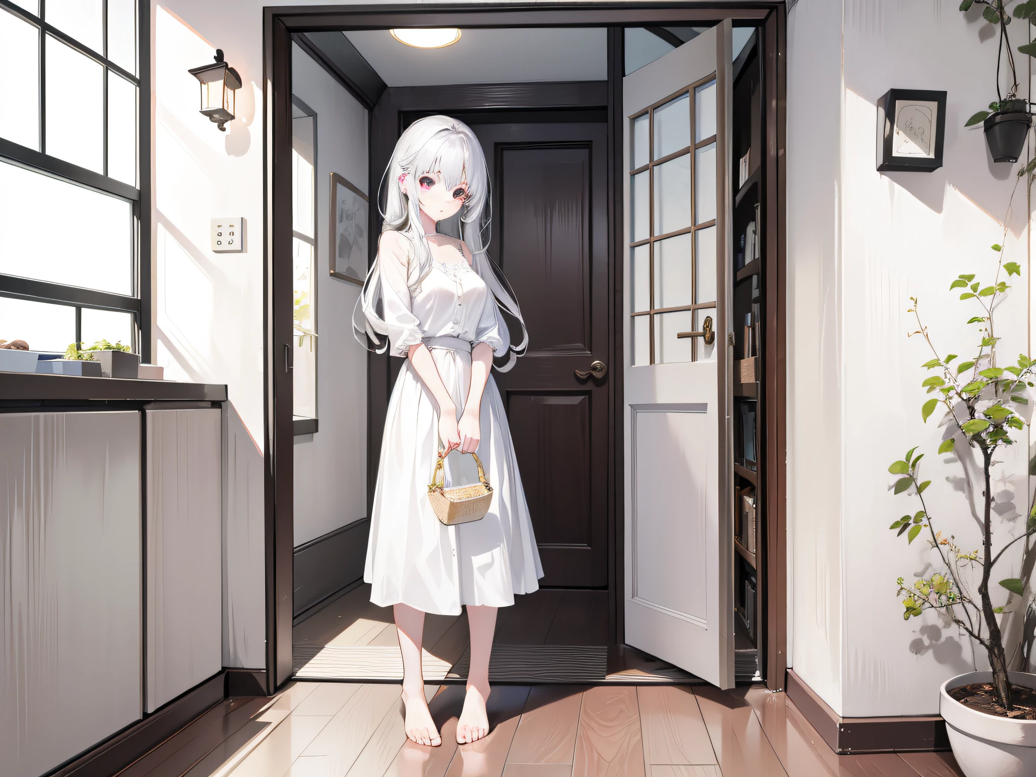 1girl in,walk、White Door、Open door、step、advance、hightquality、ren、Beautie、Soft light