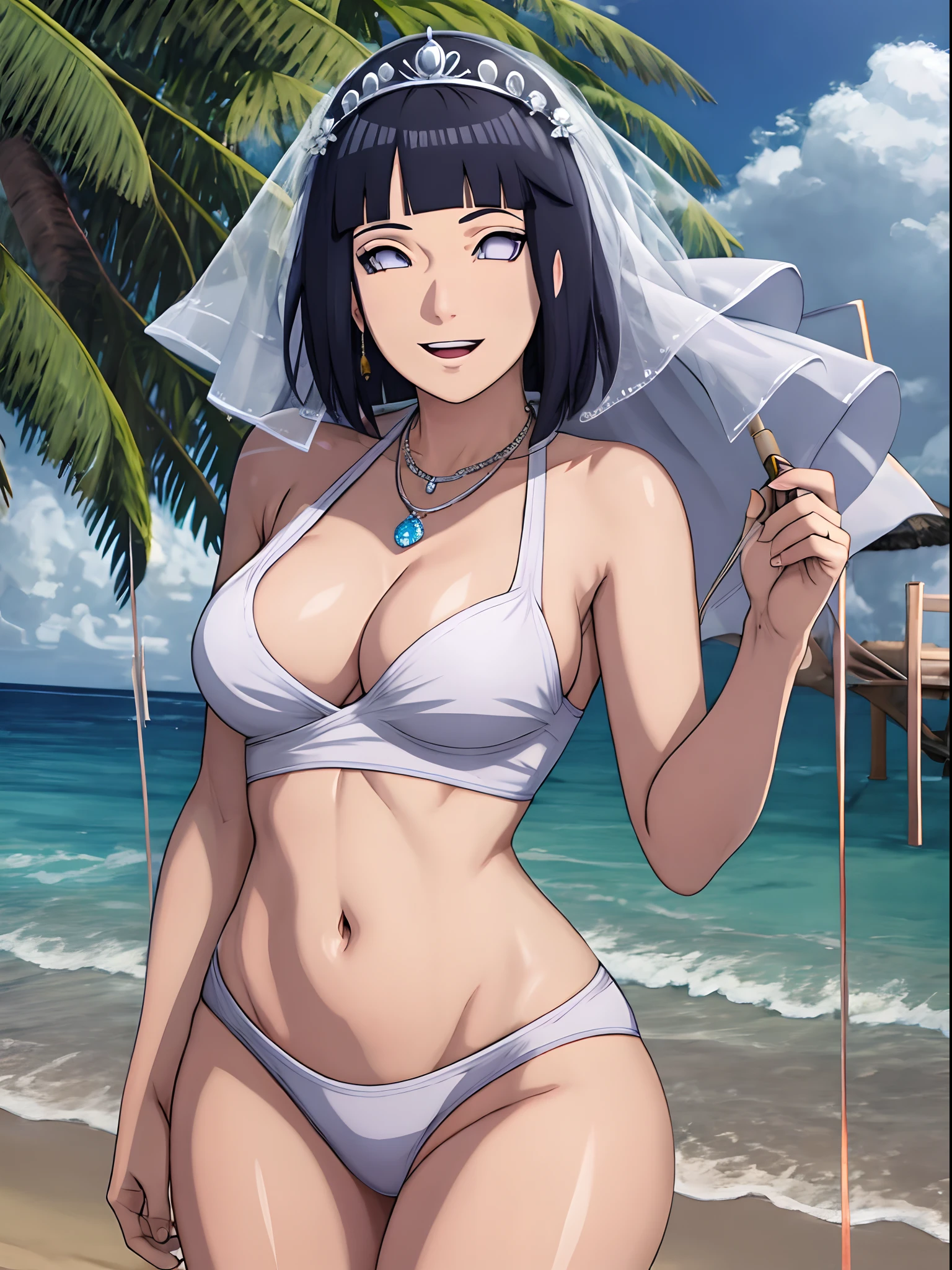 (WALLPAPER,  (hinata\(boruto\), masterpiece, 4k, vector coloring, whole body shot, contrast lighting, mature female, (curvy:0.8), solo, anime style, sharp focus, professional artwork, intricate details, detailed beach background, colorful, vibrant colors, vivid colors, digital blending, ultra detailed body, ultra detail hair, ultra detail face, trending on pixiv, very hot colors, sunny day, outdoor, detailed bold arm lines, high color saturation, bold lines, bold drawing lines),
(standing, open mouth, kind smile, extremely happy, goodbye, sexy pose),
((dark blue hair color:1.1), wavy hair, ((short hair, hime cut)),
(perfect eyes, white sciera, white eyes, anime eyes, smoky eyeliner, eyeshadow)
(white skin, slender body, milf, navel, groin, flat belly, perfect face, perfect thighs),
(Thighs, legs, big breasts, perky boobs, off-shoulders, (groin, detailed shoulders), 
(almost naked, bare chest, bare shoulders, bare hands, bare legs), 
(all cloth is white, white dress, wedding veil, white flower wedding tiara, gold necklace)
