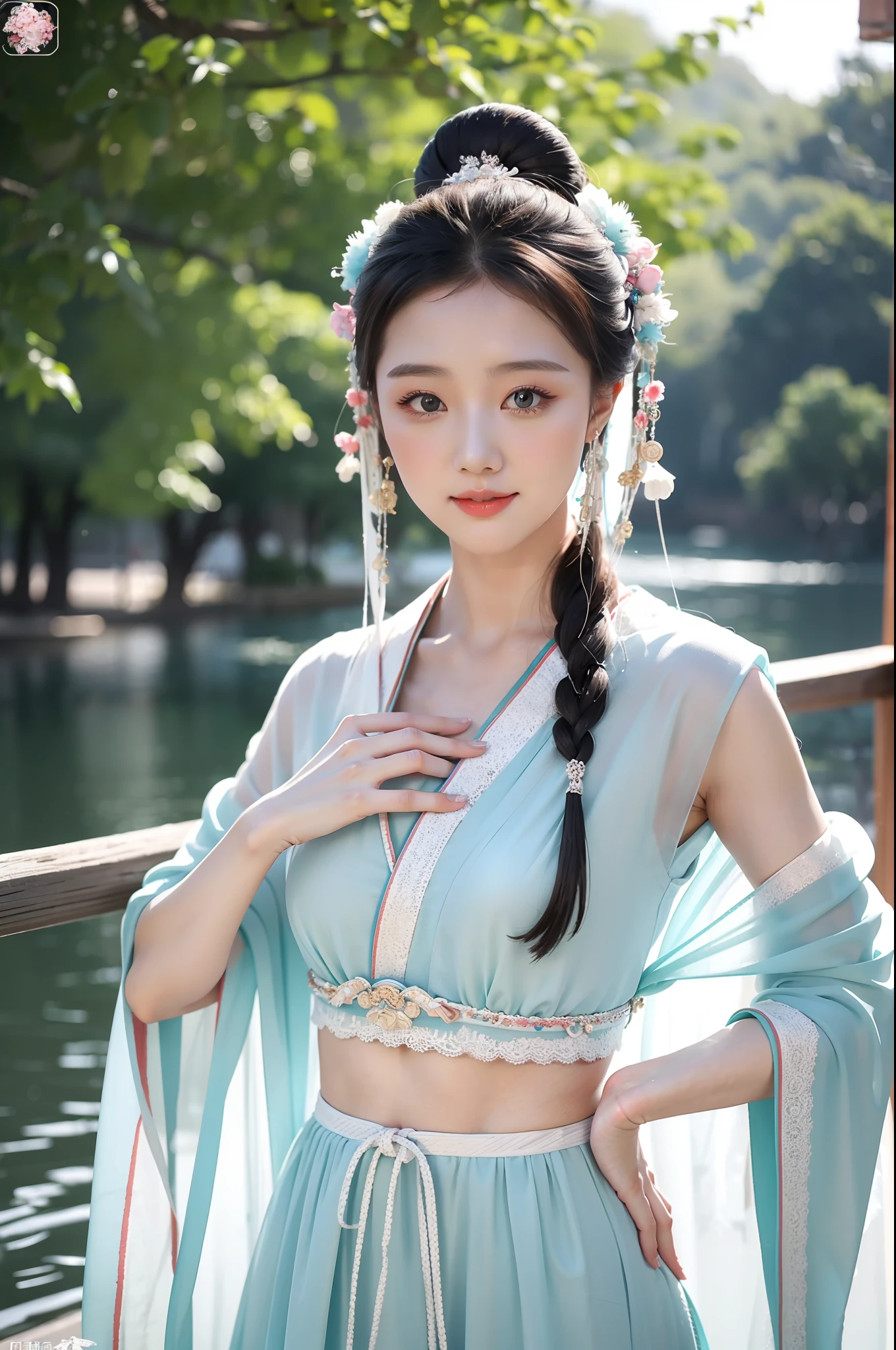 1girll，Exquisite，light  smile，Dancing by the lake，white colors|Cyan hanfu，Tulle Hanfu beauty，Textured clothes Glossy glossy skin，Ray traching，
best qualtiy，tmasterpiece，（Photorealsitic：1.4）