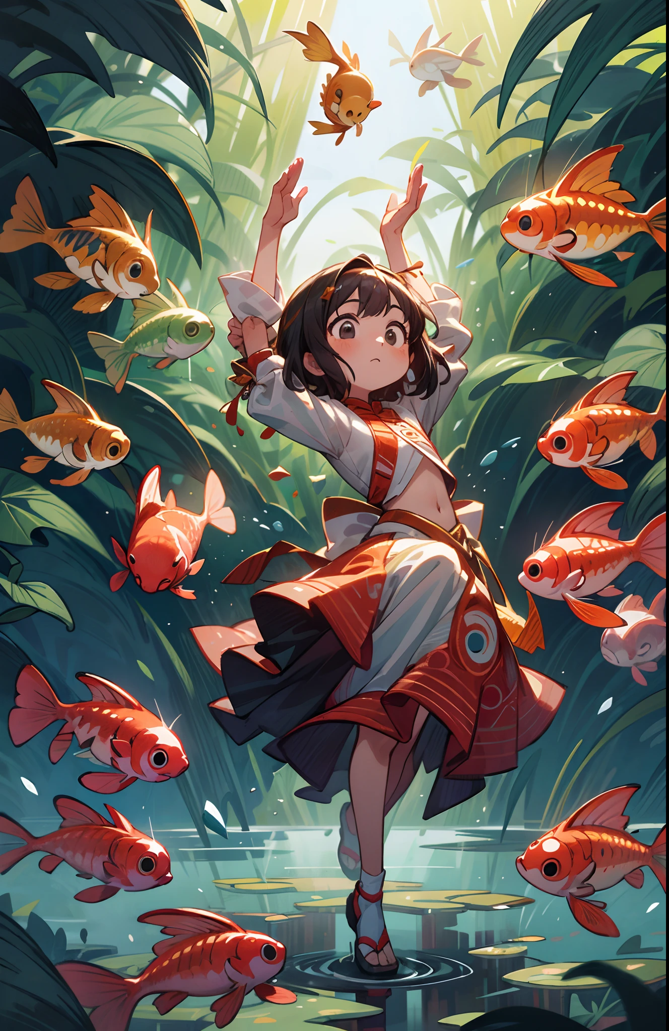 masterpiece, concept art, Picture a scene resonating with serenity and imagination. A young girl engrossed in a captivating novel, accompanied by a harmonious sky backdrop. Koi fishes dance gracefully around her, their vibrant colors popping against the serene sky. This exquisite artwork is a tribute to contemporary artist Yayoi Kusama, featuring intricate patterns and captivating play of color and light.