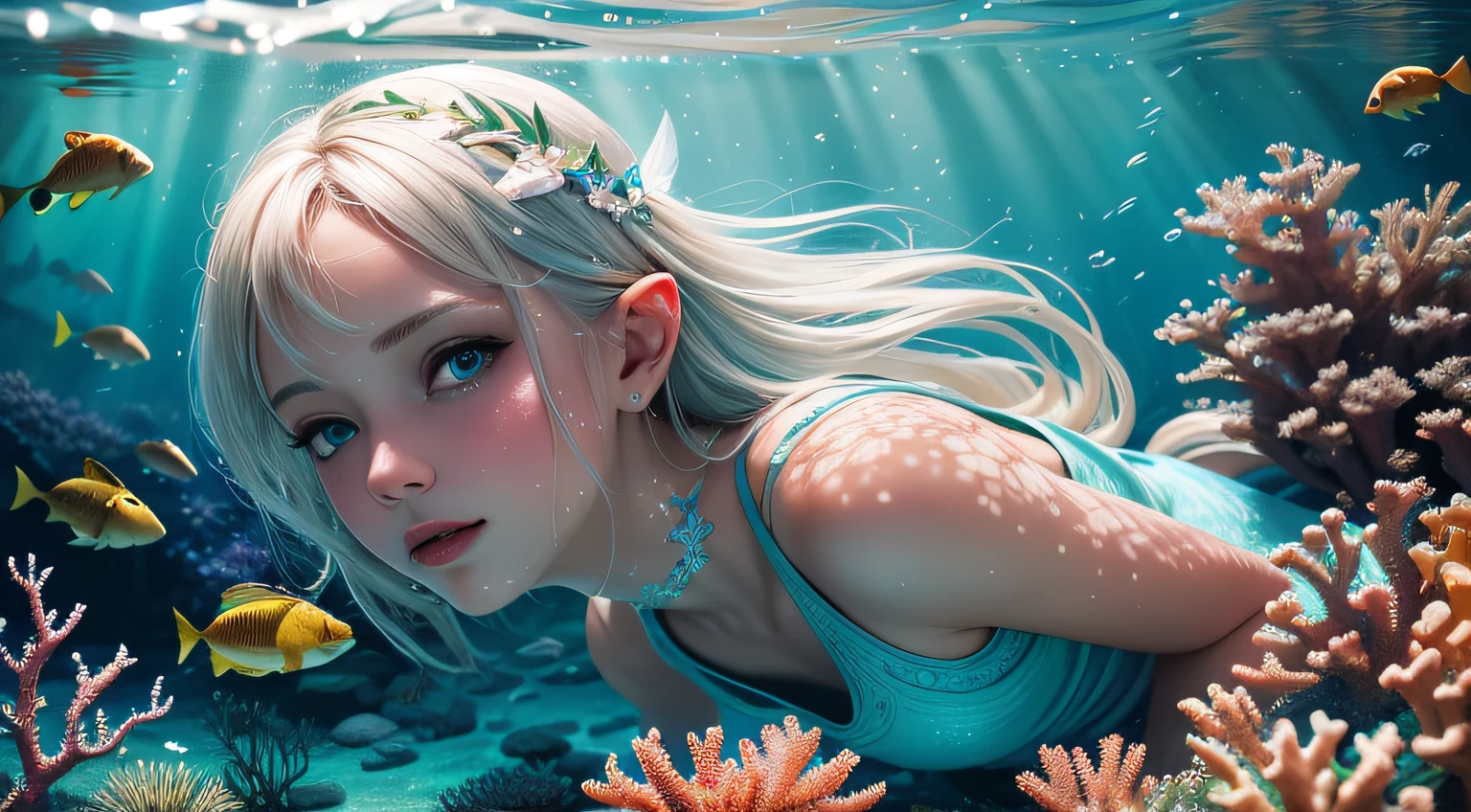 Blonde girl in blue dress swimming in coral reef, 4k highly detailed digital art, 4K fantasy art, 4K detailed digital art, Realistic digital art 4K, Realistic digital art 4 K, detailed fantasy digital art, 8K high quality detailed art, Beautiful digital artwork, Cute detailed digital art, hyperrealistic fantasy art, Fantasy art style