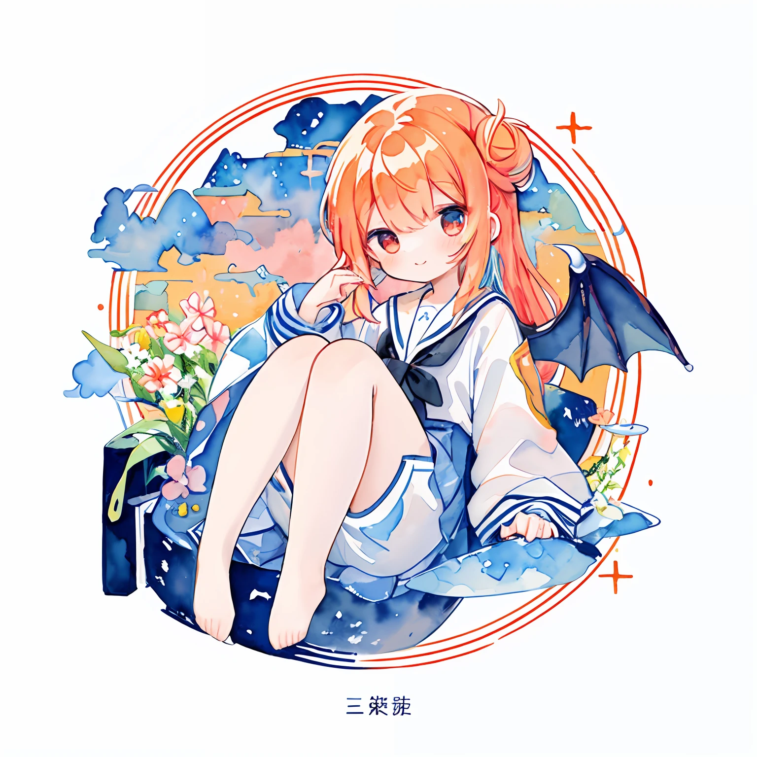 PastelColors:1.5)、(Cute illustration:1.5)、(watercolor paiting:1.2)、Light blue background、girl with、full body Esbian、A smile、Stranger、Pale yellow all over、Moya、marble、colourfull、​​clouds、Skysky、Dragon's tail、muffler、Dragon wings、red dragon、a sailor suit、Small bun hair、Orange hair、red eyes、collofull eyes、Wings and muffler、coalescence、Neck cloth、Wings from cloth、Dragon Wings