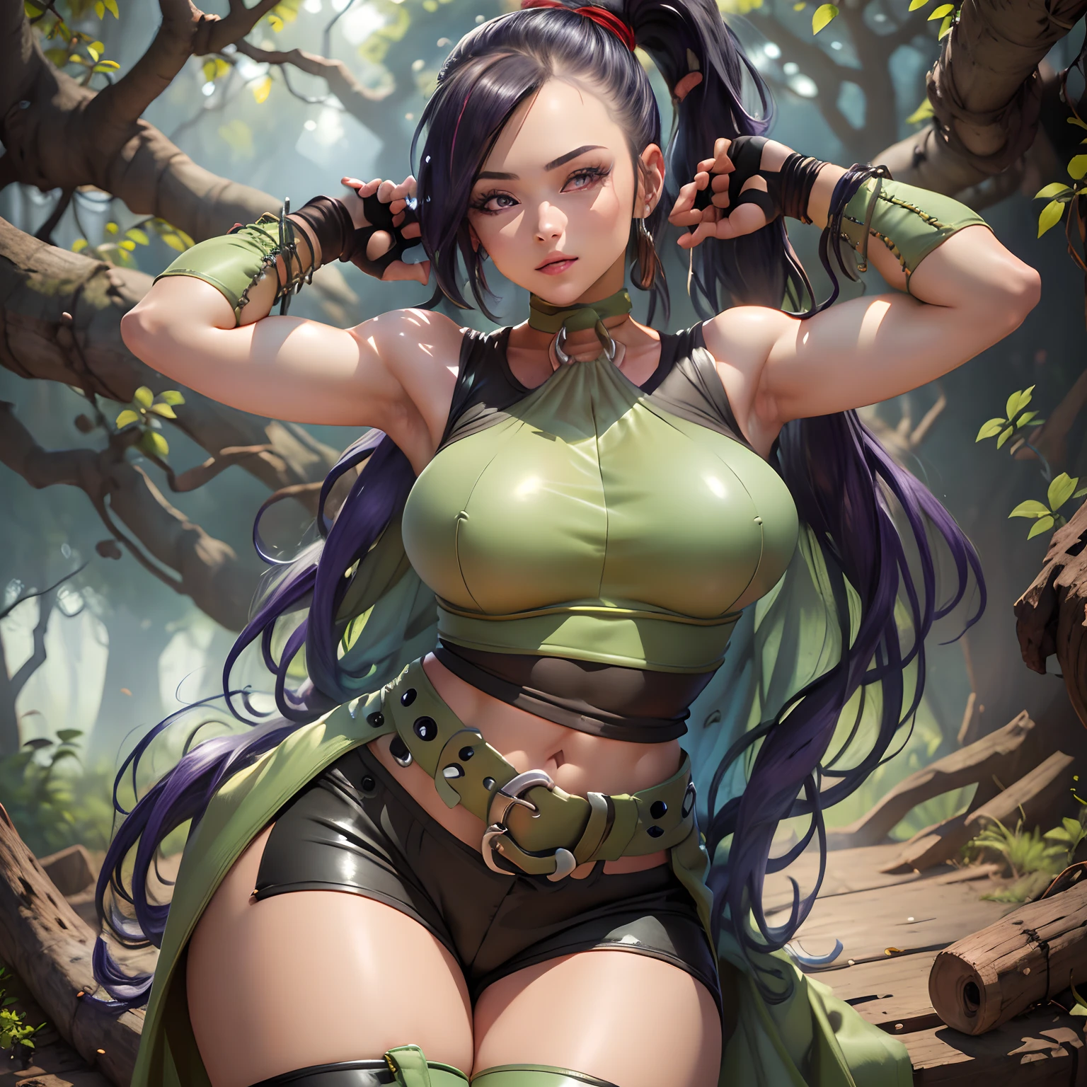 masterpiece, Best Quality, hight resolution, 32k, 1girl in, (hyper detailed Martina:1.1), PURPLE EYES, PURPLE HAIR, VERY LONG HAIR, PONYTAIL, HAIR SCRUNCHIE, GREEN CHOKER, O-RING TOP, TANK TOP, SLEEVELESS, FINGERLESS GLOVES, GREEN GLOVES, WAIST CAPE, BLACK SHORTS, GREEN BELT, BOOTS, (see through huge tits and realistic nipples under the clothe:1.3, exposed armpits:1.1), (in abandoned hut:1.3, in a deep forest:1.1),