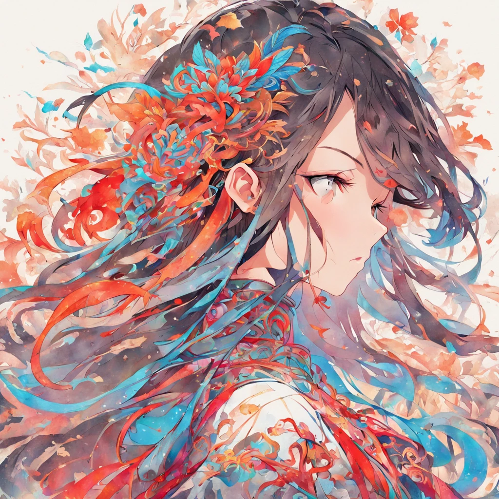 (White background:1.4),(Silhouette of a girl's head, Eyes closed, colorfull long hair, Oriental elements),(Chinese illustration:1.3,paper art:1.3, Quilted paper art:1.2),( reasonable design, Clear lines, High sharpness,Best quality, Very detailed, Masterpiece, movie light effect, 4K )