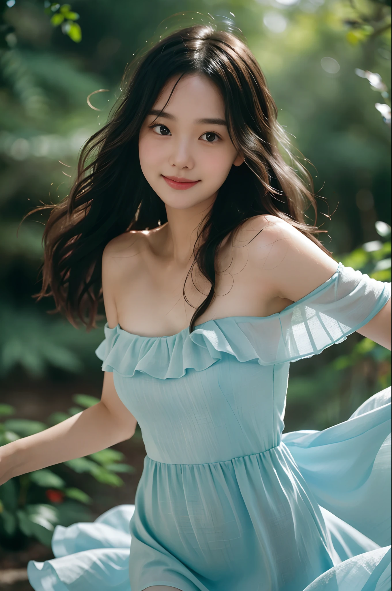 film portrait photography, 1girl, bare shoulders, wavy shoulder-length hair, serene, calm, (realistic detailed eyes, natural skin texture, realistic face details), soft dramatic lighting, depth of field, bokeh, vibrant details, finely detailed, hyperrealistic, 35mm film, hazy blur, filmg,happy smile, dancing, transparent blue spring dress, construction site