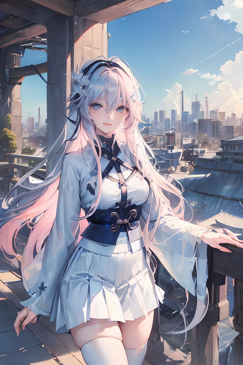 official art, masterpiece, sharp focus, (beautiful gorgeous cute Korean woman:1.3), (beautiful cute korean:1.3), korean beauty, Delicate and beautiful hair and eyes and face, realistic, ultra detailed, beautiful girl, blue sky, glow white particle, (sidelighting:1.2), sun light, white cloud, detailed clouds, slender, and very large hips, smile with teeth, ((smile with eyes, open both eyes)), scenery, long straight hair, , building, (cityscape:1.7), dynamic hair, long straight hair, detailed platinum pink hair, glow blue eyes, (blue pleated shirts + white skirt), white long socks, pale skin, hair ornament, epic scenery,