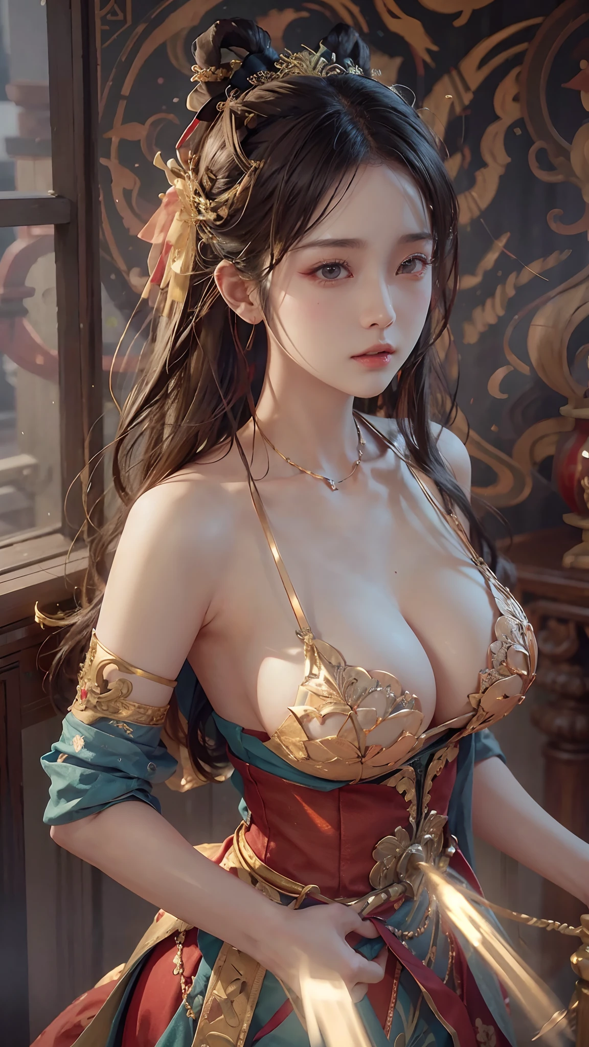 (original photo, Bestquality), (realistic, photo of-realistic:1.3 pcs), Bestquality, Extremely Detailed, a masterpiece、, Hyper-Detailed, illustration、, 1 a girl, (huge boobs,cleavage), dynamic angle, world mastery theater, cluttered_long_hair,Bestquality, extremely detailed CG unity 8k壁纸,ink,astonishing,movie lights,Lens_flare,dunhuang_style