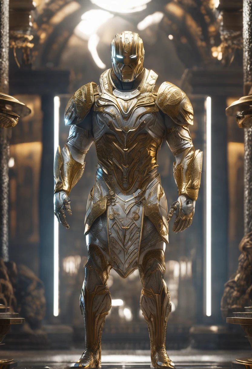 full body shot of Colossus in white and gold armour style suit, no mask on, white cape, looking at center camera, perfect composition, beautiful detailed intricate insanely detailed octane render trending on artstation, 8 k artistic photography, photorealistic concept art, soft natural volumetric cinematic perfect light, chiaroscuro, award - winning photograph, masterpiece, oil on canvas, raphael, caravaggio, greg rutkowski, beeple, beksinski, giger, trending on artstation, sharp focus, studio photo, intricate details, highly detailed, night city background, by greg rutkowski