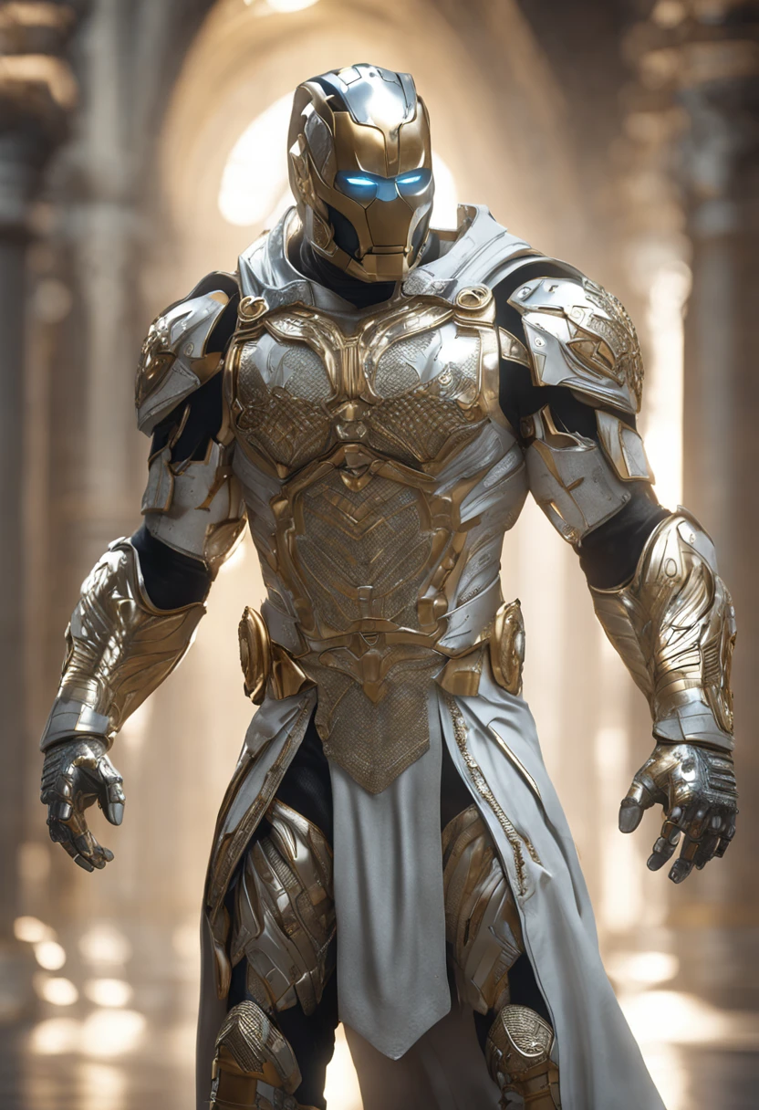 full body shot of Colossus in white and gold armour style suit, no mask on, white cape, looking at center camera, perfect composition, beautiful detailed intricate insanely detailed octane render trending on artstation, 8 k artistic photography, photorealistic concept art, soft natural volumetric cinematic perfect light, chiaroscuro, award - winning photograph, masterpiece, oil on canvas, raphael, caravaggio, greg rutkowski, beeple, beksinski, giger, trending on artstation, sharp focus, studio photo, intricate details, highly detailed, night city background, by greg rutkowski