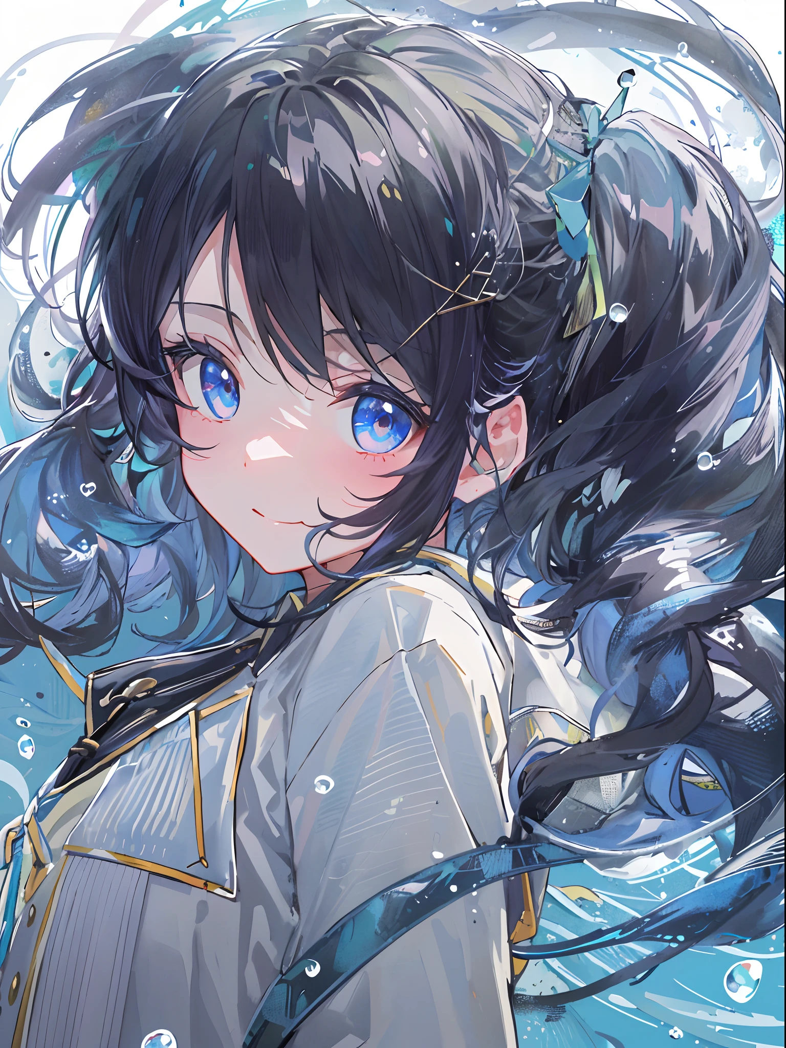 ((top-quality)), ((​masterpiece)), ((ultra-detailliert)), (extremely delicate and beautiful), girl with, 独奏, cold attitude,((Black jacket)),She is very(relax)with  the(Settled down)Looks,A dark-haired, depth of fields,evil smile,Bubble, under the water, Air bubble,bright light blue eyes,Inner color with black hair and light blue tips,Cold background,Bob Hair - Linear Art, shortpants、knee high socks、White uniform like school uniform、Light blue ribbon ties、Clothes are sheer、Hands in pockets、Ponytail hair、