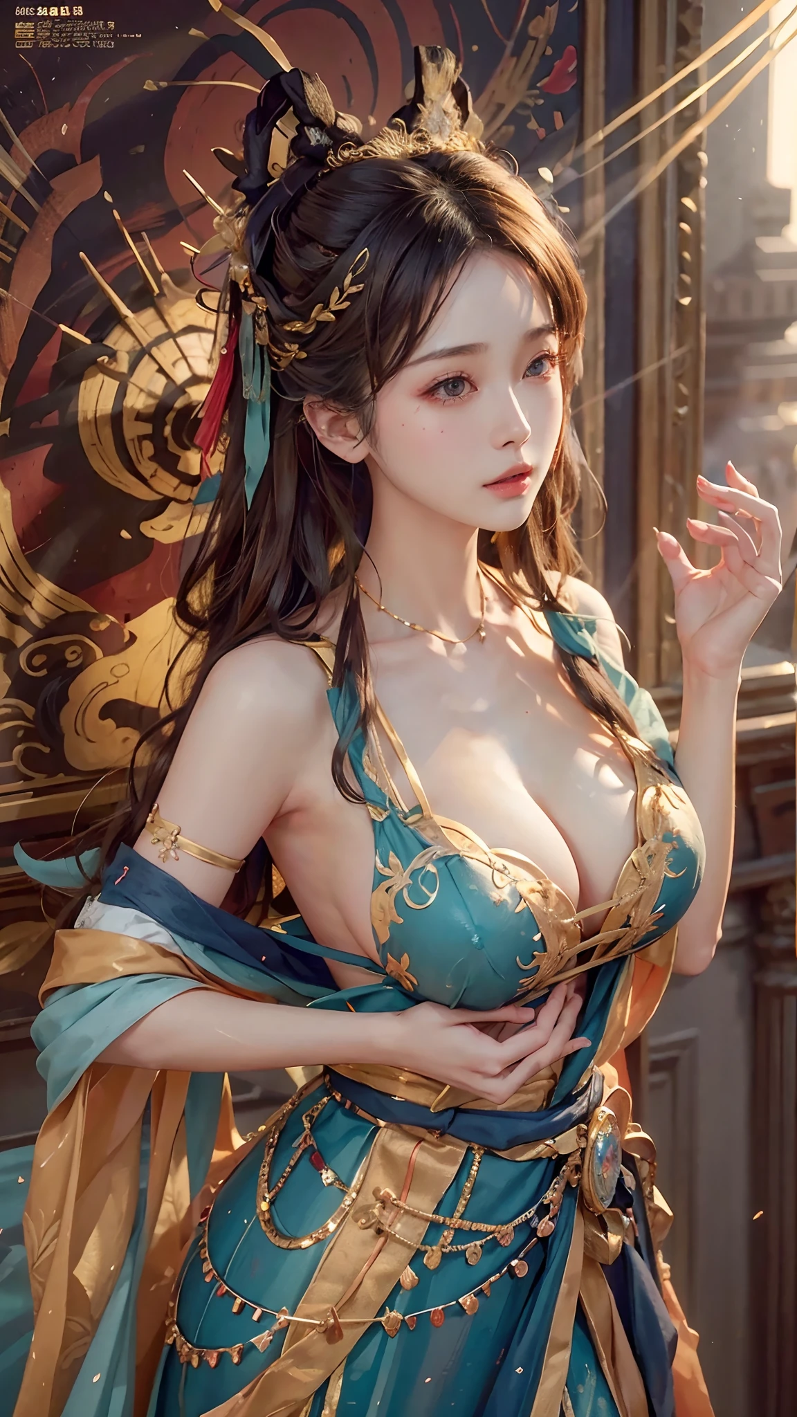 (original photo, Bestquality), (realistic, photo of-realistic:1.3 pcs), Bestquality, Extremely Detailed, a masterpiece、, Hyper-Detailed, illustration、, 1 a girl, (huge boobs,cleavage), dynamic angle, world mastery theater, cluttered_long_hair,Bestquality, extremely detailed CG unity 8k壁纸,ink,astonishing,movie lights,Lens_flare,dunhuang_style