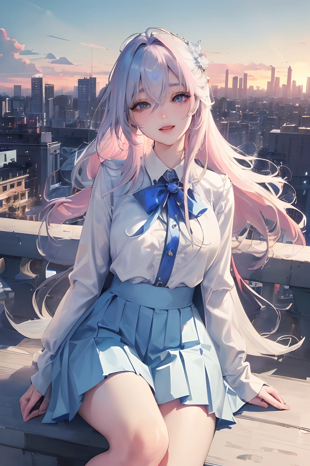 official art, masterpiece, sharp focus, (beautiful gorgeous cute Korean woman:1.3), (beautiful cute korean:1.3), korean beauty, Delicate and beautiful hair and eyes and face, realistic, ultra detailed, beautiful girl, blue sky, glow white particle, (sidelighting:1.2), sun light, white cloud, detailed clouds, slender, and very large hips, smile with teeth, ((smile with eyes, open both eyes)), scenery, long straight hair, , building, (cityscape:1.7), dynamic hair, long straight hair, detailed platinum pink hair, glow blue eyes, (blue pleated shirts + white skirt), white long socks, pale skin, hair ornament, epic scenery,