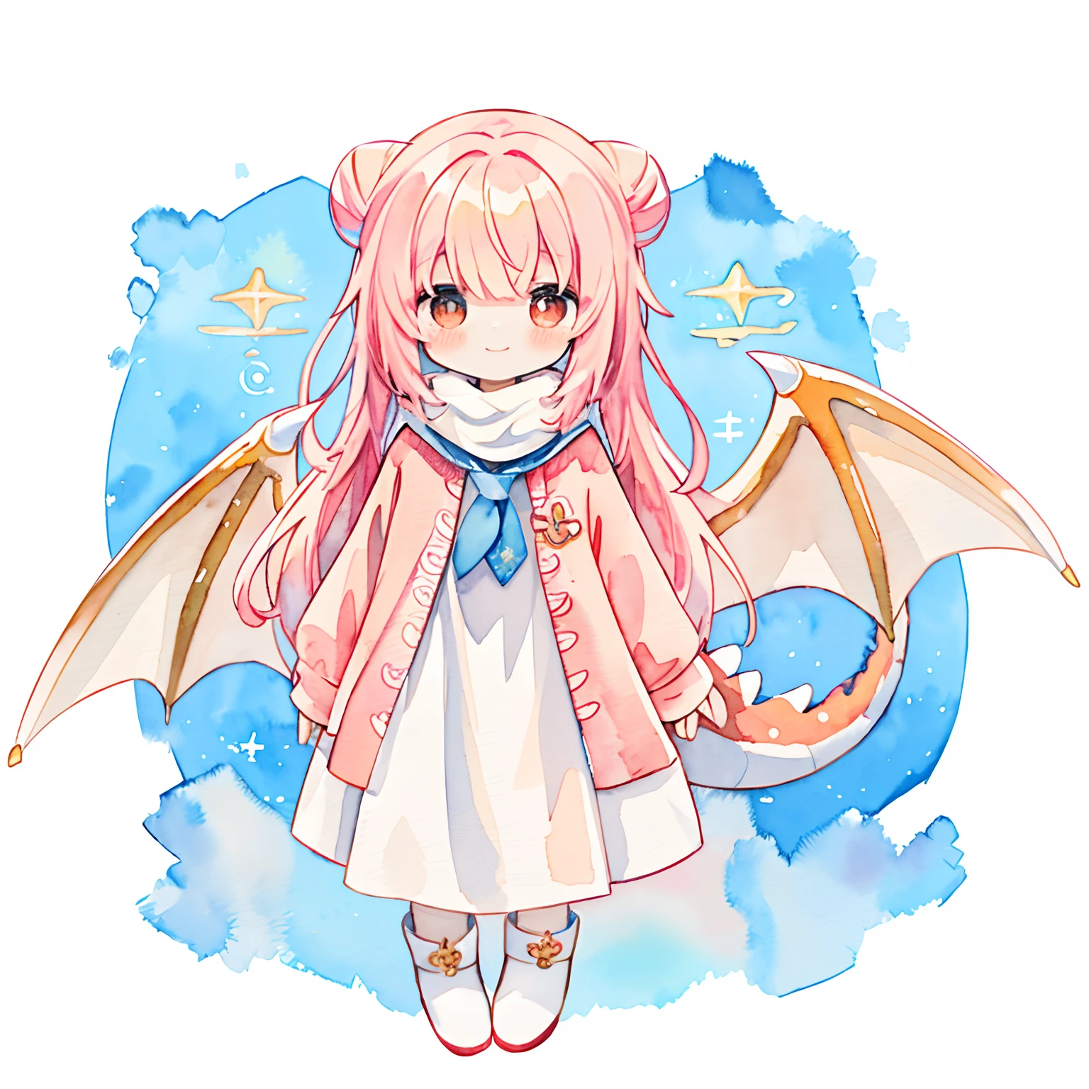 PastelColors:1.5)、(Cute illustration:1.5)、(watercolor paiting:1.2)、Light blue background、girl with、full body Esbian、A smile、Stranger、Pale yellow all over、Moya、marble、colourfull、clouds、Skysky、Dragon's tail、muffler、Dragon wings、red dragon、a sailor suit、Small bun hair、Orange hair、red eyes、collofull eyes、Wings and muffler、coalescence、Neck Cross、Wings from fabric、Dragon wings、muffler、muffler、scarf