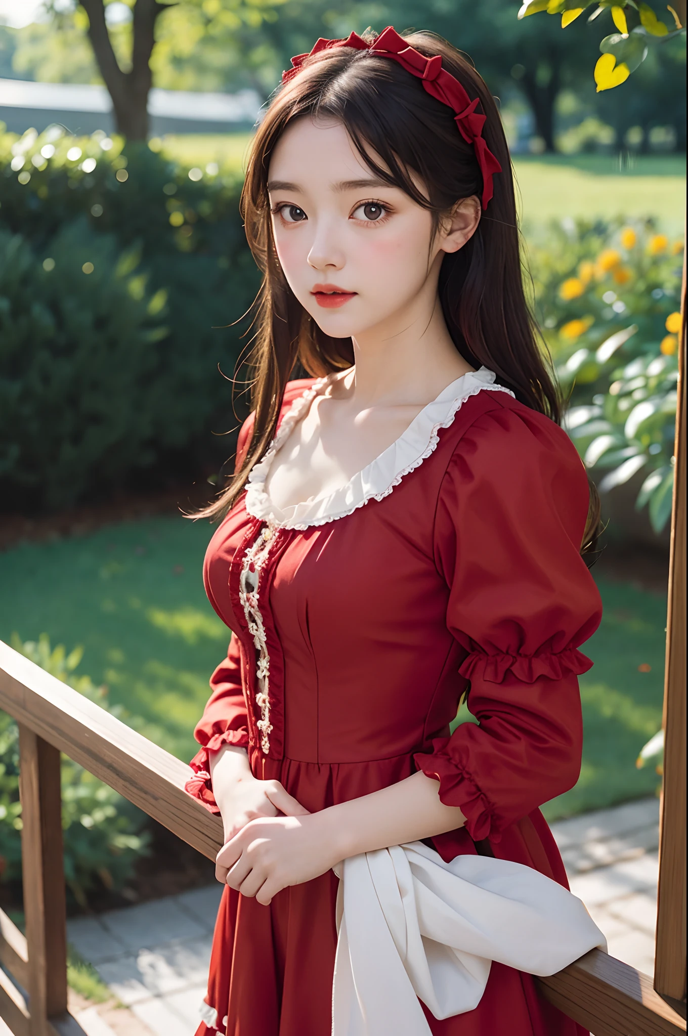 photo of a girl in red ta_dress, dutch , bright eyes, blurred background, fine details, photorealistic, relaxed atmosphere, film photography, natural blurry