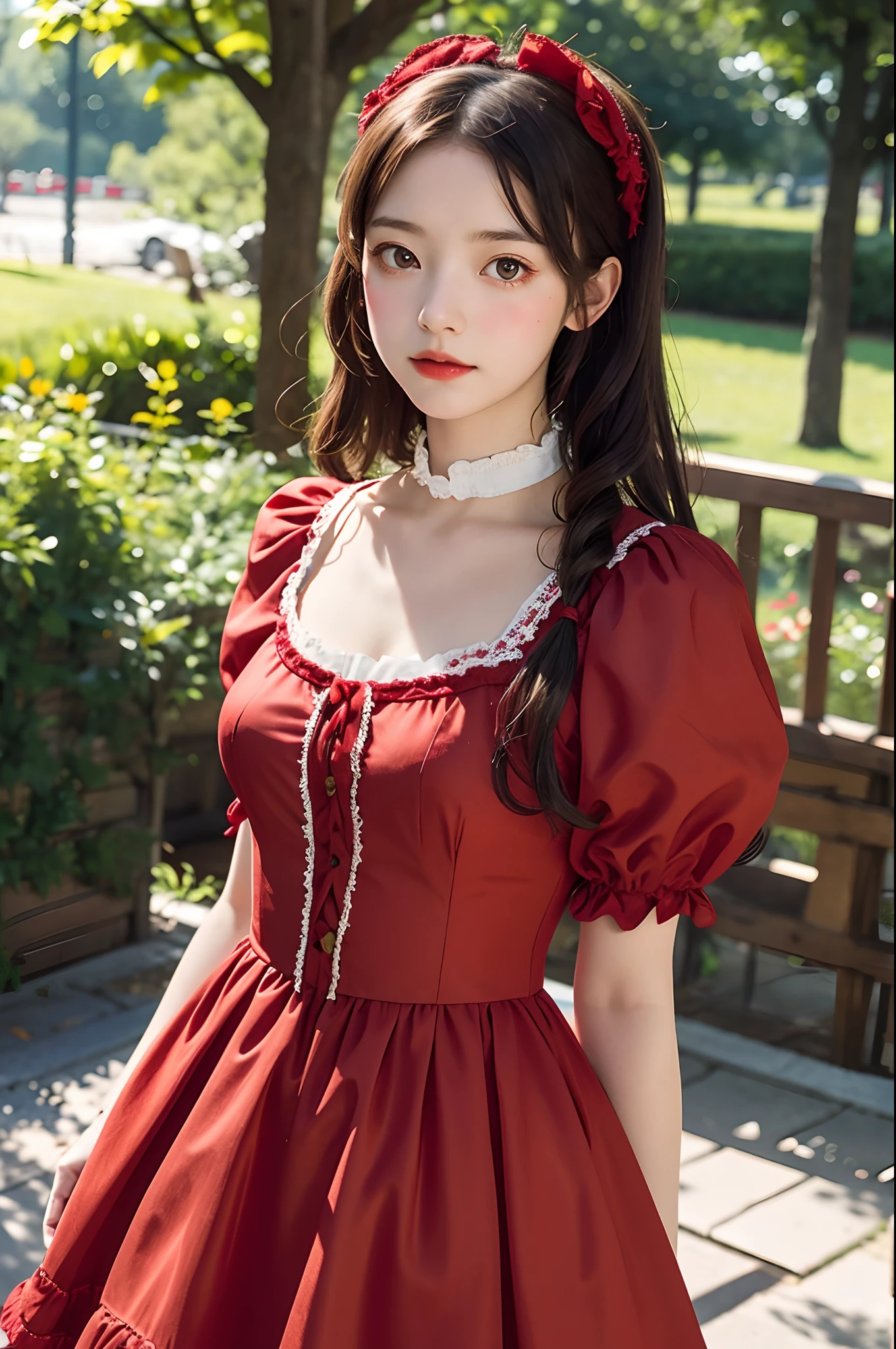 photo of a girl in red lolita_dress, dutch , bright eyes, blurred background, fine details, photorealistic, relaxed atmosphere, film photography, natural blurry