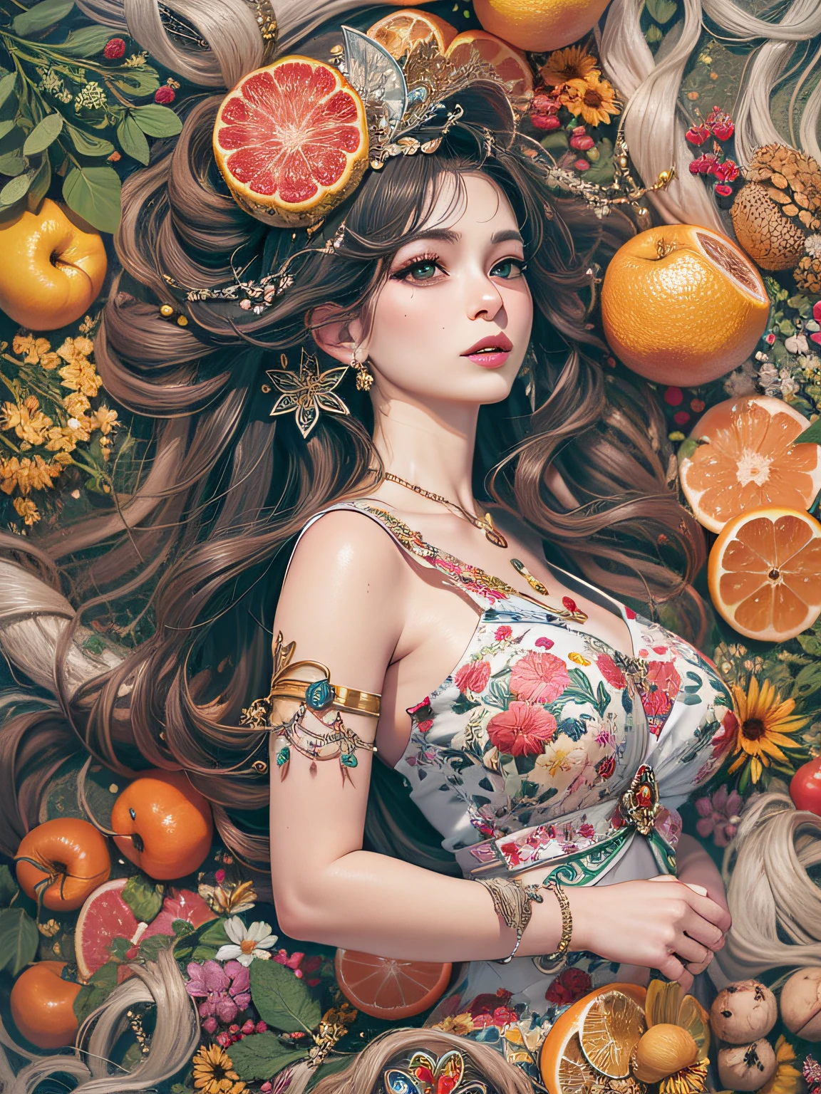 Fruit Girl,portrait of the most beautiful form of chaos, ellegance, Fauvistdesign, vivd colour, romanticism lain,