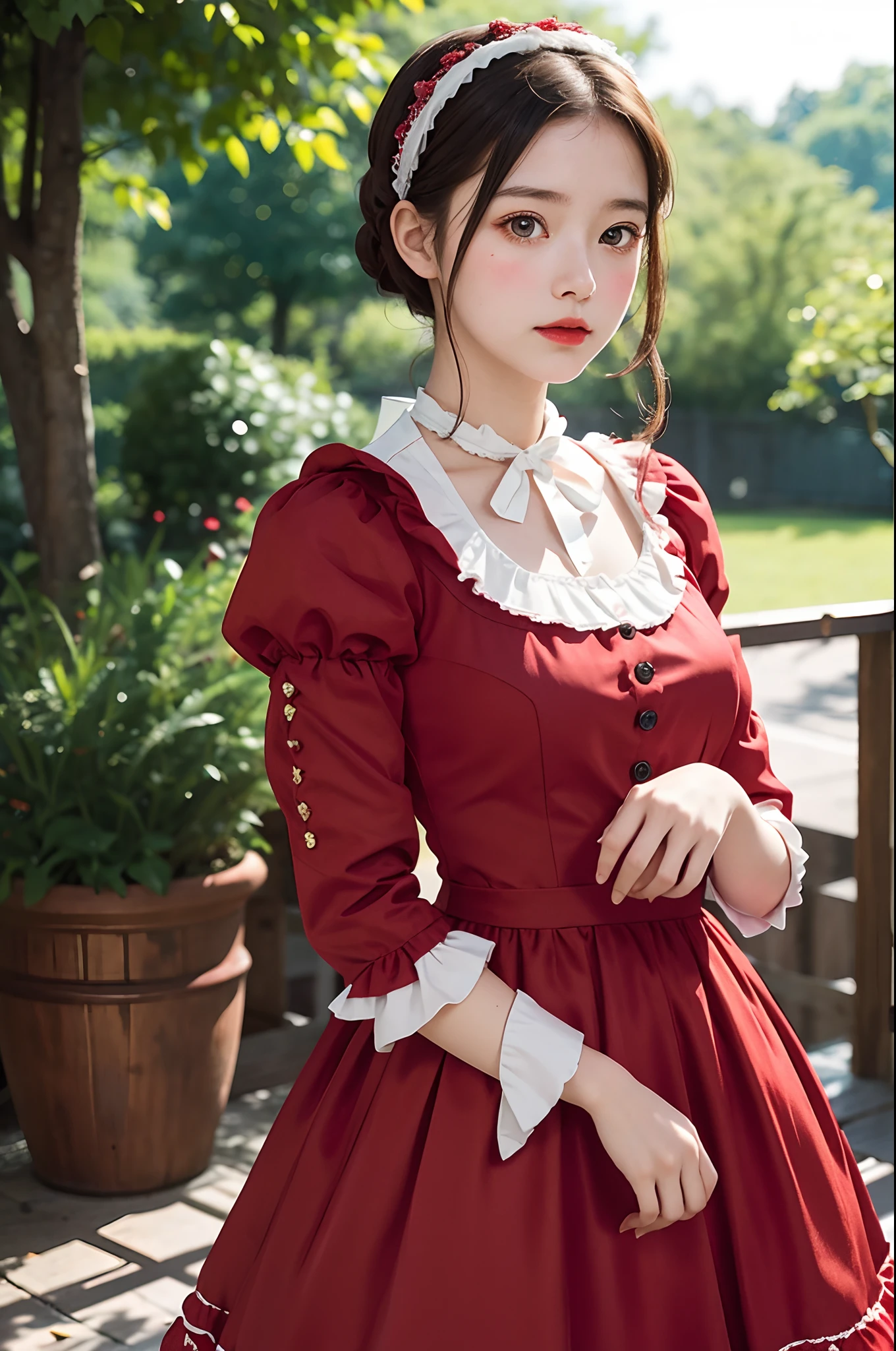 photo of a girl in red lolita_dress, dutch , bright eyes, blurred background, fine details, photorealistic, relaxed atmosphere, film photography, natural blurry