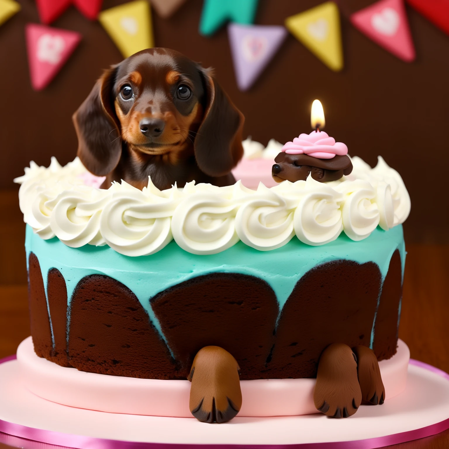 Brown miniature dachshund、a cake、happy birthday、Birthday、birthday celebration、Lit 27 candles