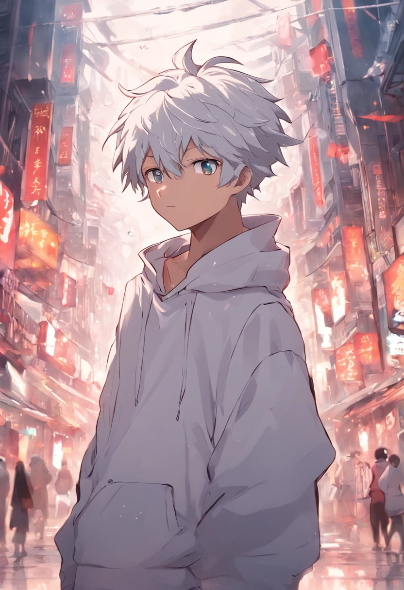 Gray-haired Japanese anime youth,Wearing VR glasses,, White hoodie, White shorts, No tattoos, Not bearded 16 years old