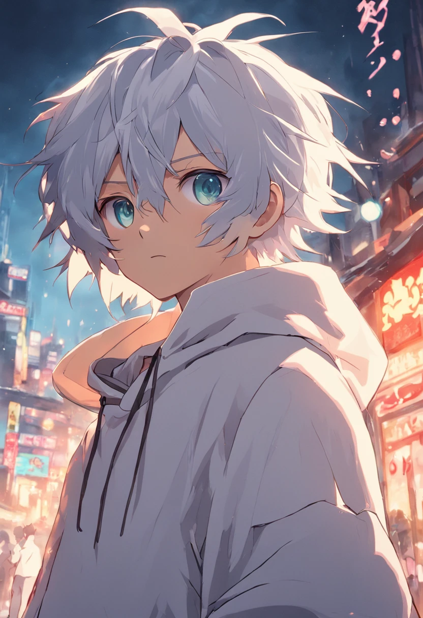 Gray-haired Japanese anime youth,Wearing VR glasses,, White hoodie, White shorts, No tattoos, Not bearded 