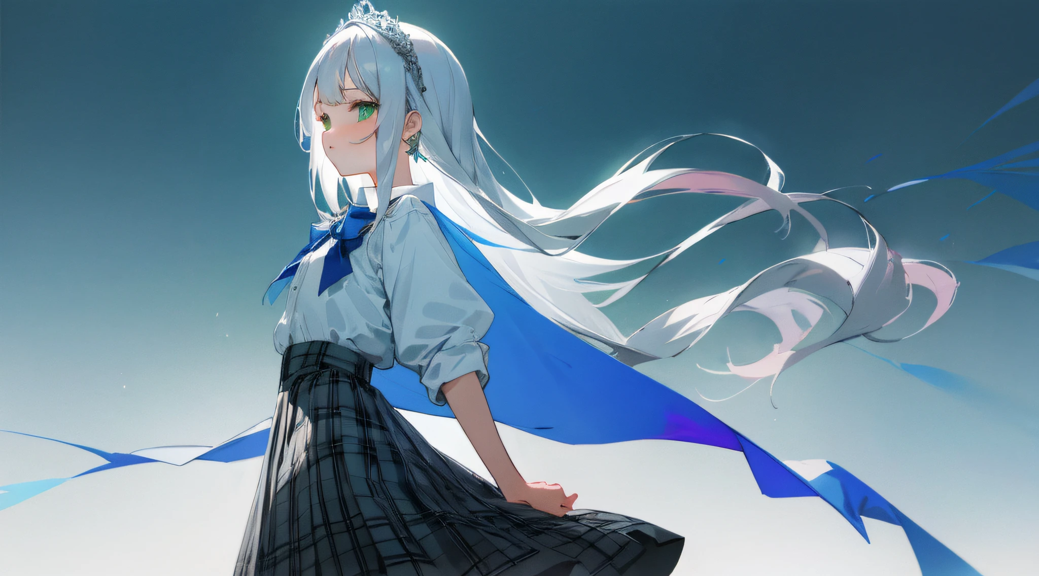 1girl, (masterpiece:1.1), (best quality:1.1), (white blouse:1.1), (checkered skirt:1.1), school uniform, high-waist skirt, BREAK [blue:pink:0.5] theme, (gradient background:1.1), cowboy shot, BREAK silver hair, long hair, , green eyes, intricate detailed tiara, looking to the side,