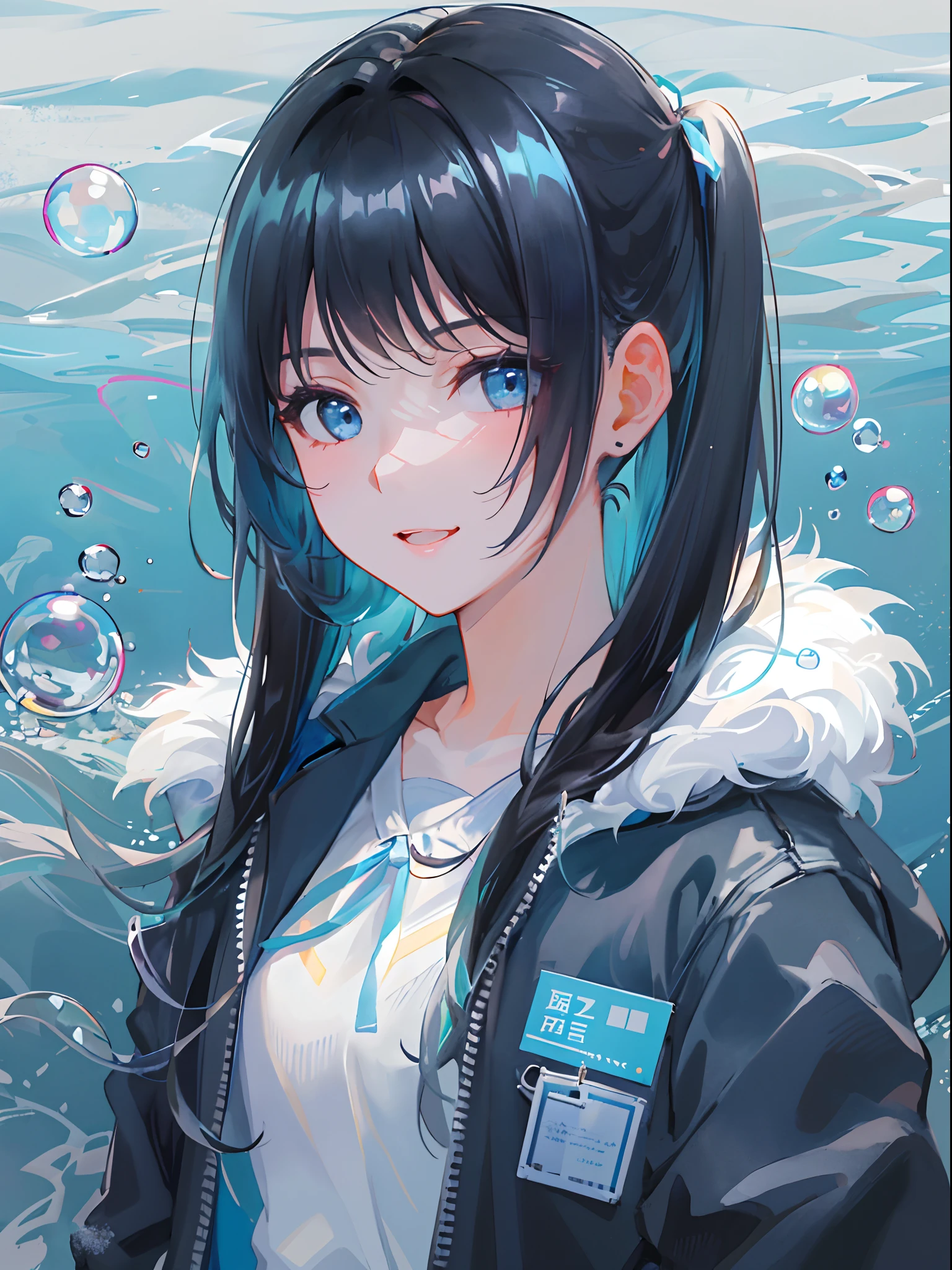 ((top-quality)), ((masterpiece)), ((ultra-detailliert)), (extremely delicate and beautiful), girl with, 独奏, cold attitude,((Black jacket)),She is very(relax)with the(Settled down)Looks,A dark-haired, depth of fields,evil smile,Bubble, under the water, Air bubble,bright light blue eyes,Inner color with black hair and light blue tips,Cold background,Bob Hair - Linear Art, shortpants、knee high socks、White uniform like school uniform、Light blue ribbon ties、Clothes are sheer、Hands in pockets、Ponytail hair、