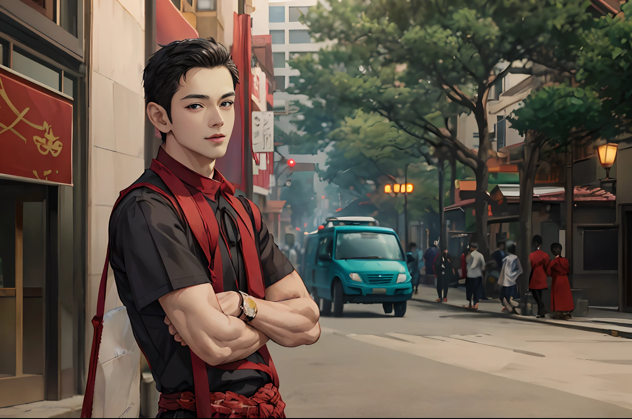 young handsome anime guy, arafed man on the street, university mid way, university theme, tree, with a bag , myanmar traditional outfit, mid shot portrait,wearing traditional shirt and longgyi,  traditional clothes, masterpiece, 4k,