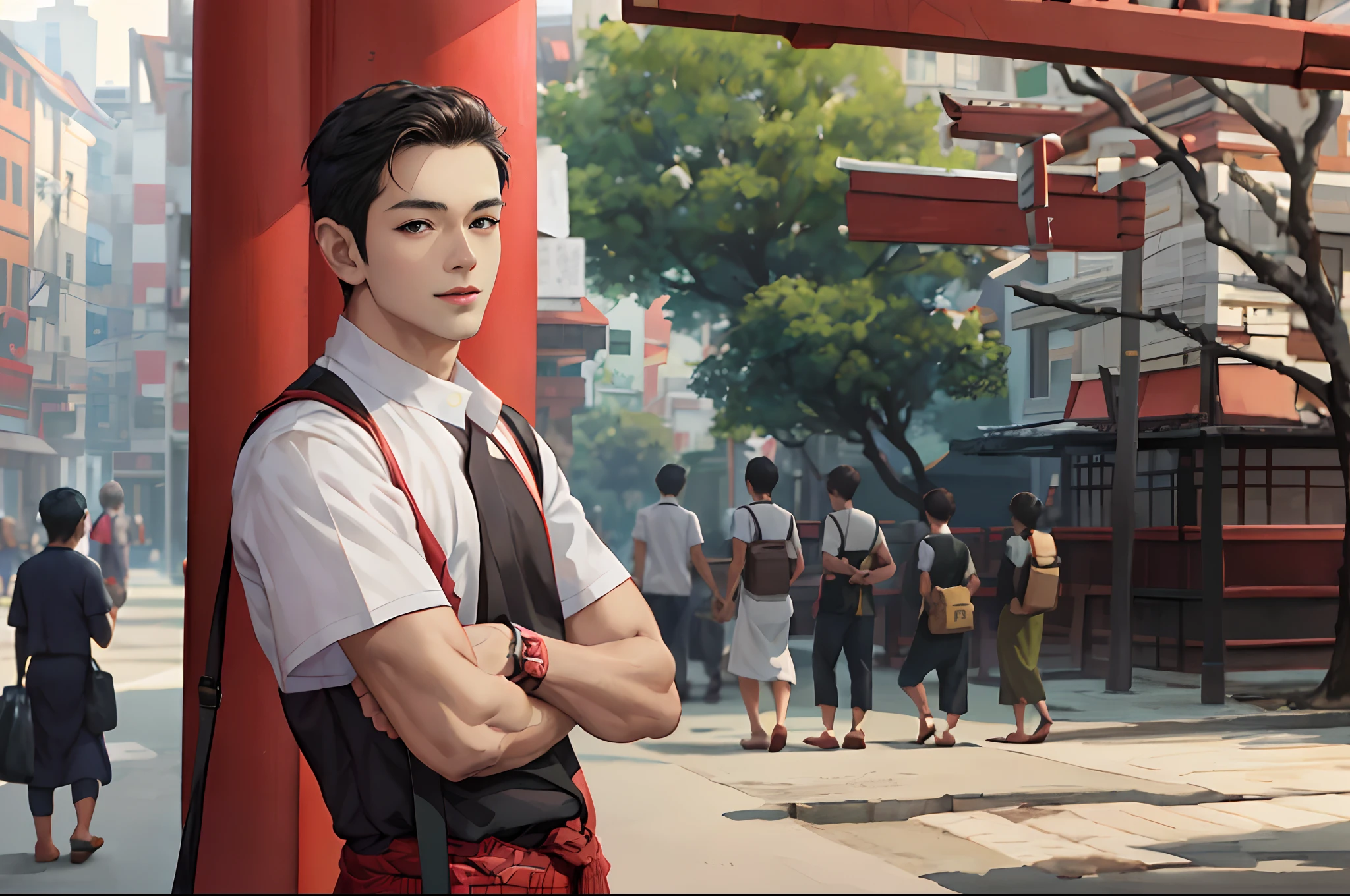 young handsome anime guy, arafed man on the street, university mid way, university theme, tree, with a bag , myanmar traditional outfit, mid shot portrait,wearing traditional shirt and longgyi,  traditional clothes, masterpiece, 4k,