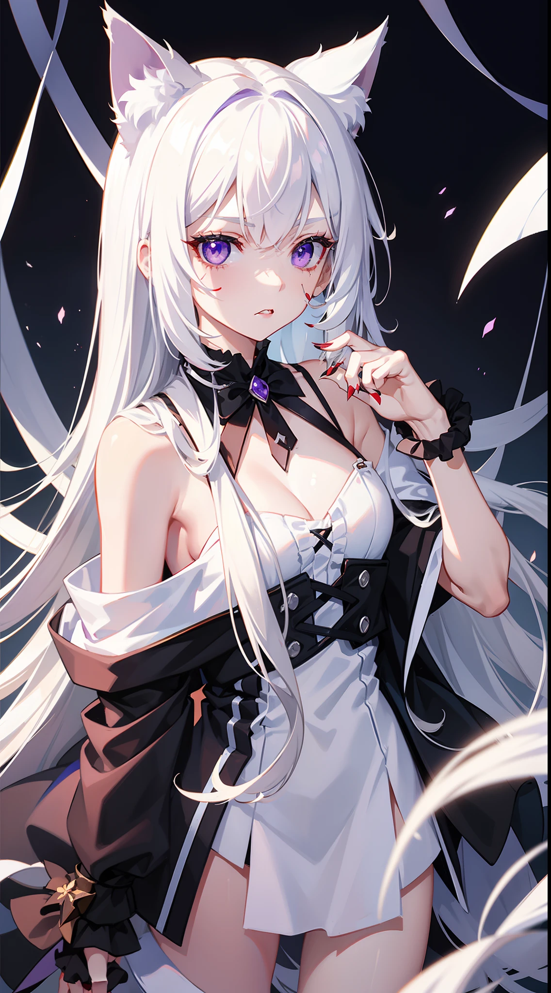 young girl, Long white hair, cat ears, violet eyes, Naked, , Scars, claws, anger, Masterpiece, hiquality