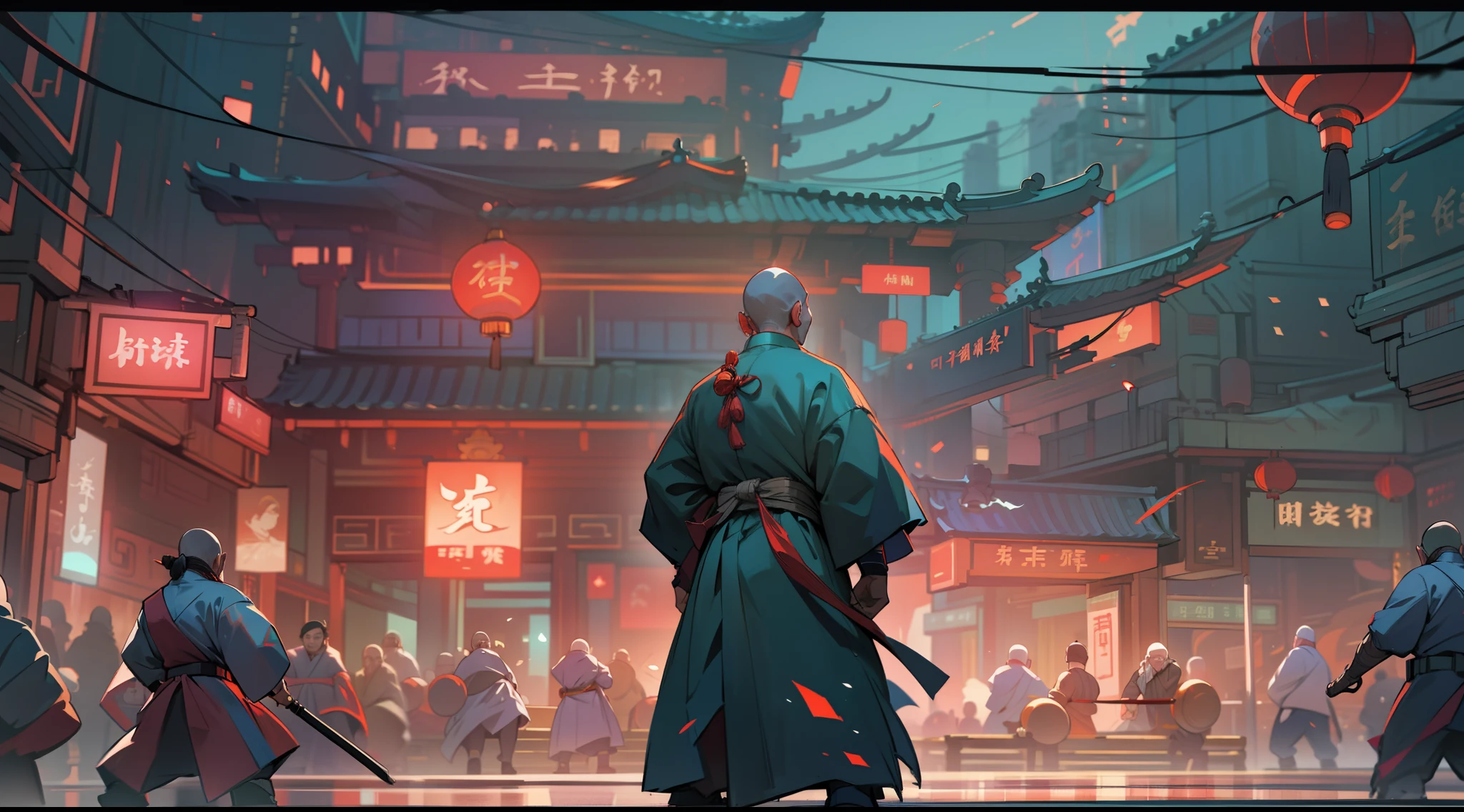 A traditional Chinese monk man is in a fighting stance waiting to be attacked by his enemies, he is surrounded by enemies, he is in a futuristic Chinese cyberpunk city, dusk, bright lights, dynamic composition, volumetric lights, ultra definition, ultra resolution, masterpiece, intricate details, wide angle camera