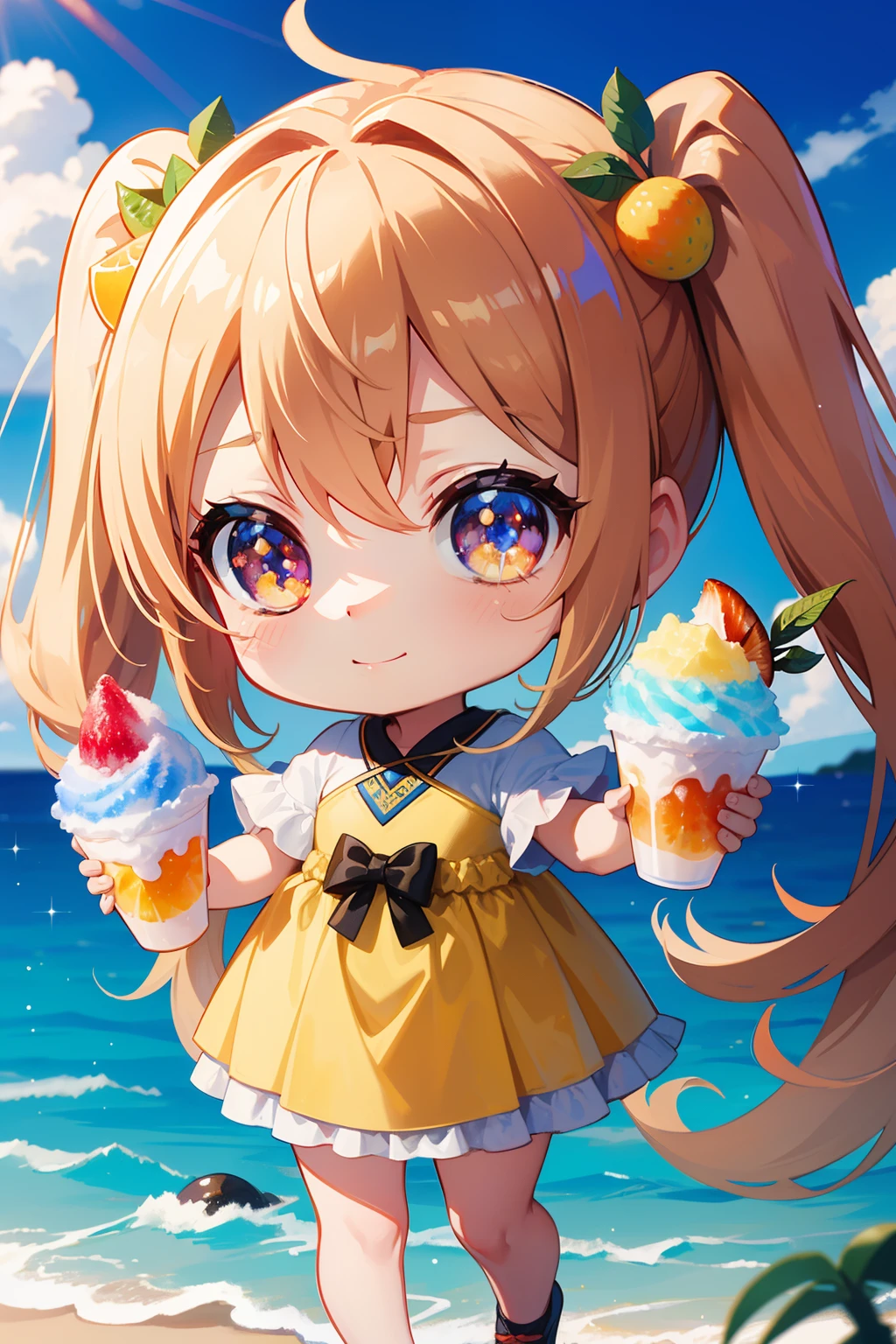 masutepiece, High resolution, 8K, anime woman, Delicate and detailed writing 、Detailed digital illustration、(Chibi:1.2)、(masterpiece:1.4)、(top-quality:1.4)、(a very pretty girl、hyperdetailed face、Eyes Like Gems、very long light brown hair、Colorful gradient hair:1.4)、(full body Esbian、Perfect two arms、Perfect two legs:1.4)、(Perfect four fingers:1 thumb)、brilliance、Ultra-fine、Pigtails、细致背景、Fantastical、Underexposed eyes、hiking clothes、There is a big red ribbon on the clothes、Fantastic background、eyes large and double,,,,,,,,,,,,,,,,,,,,,,,、Eyes are orange gradients、Sparkly orange pupils、Soothing、Greet with your best smile、Beautiful Hawaiian ocean background、(((Colorful shaved ice topped with fruit)))、Blue sky on sunny background、Eat shaved ice at your desk