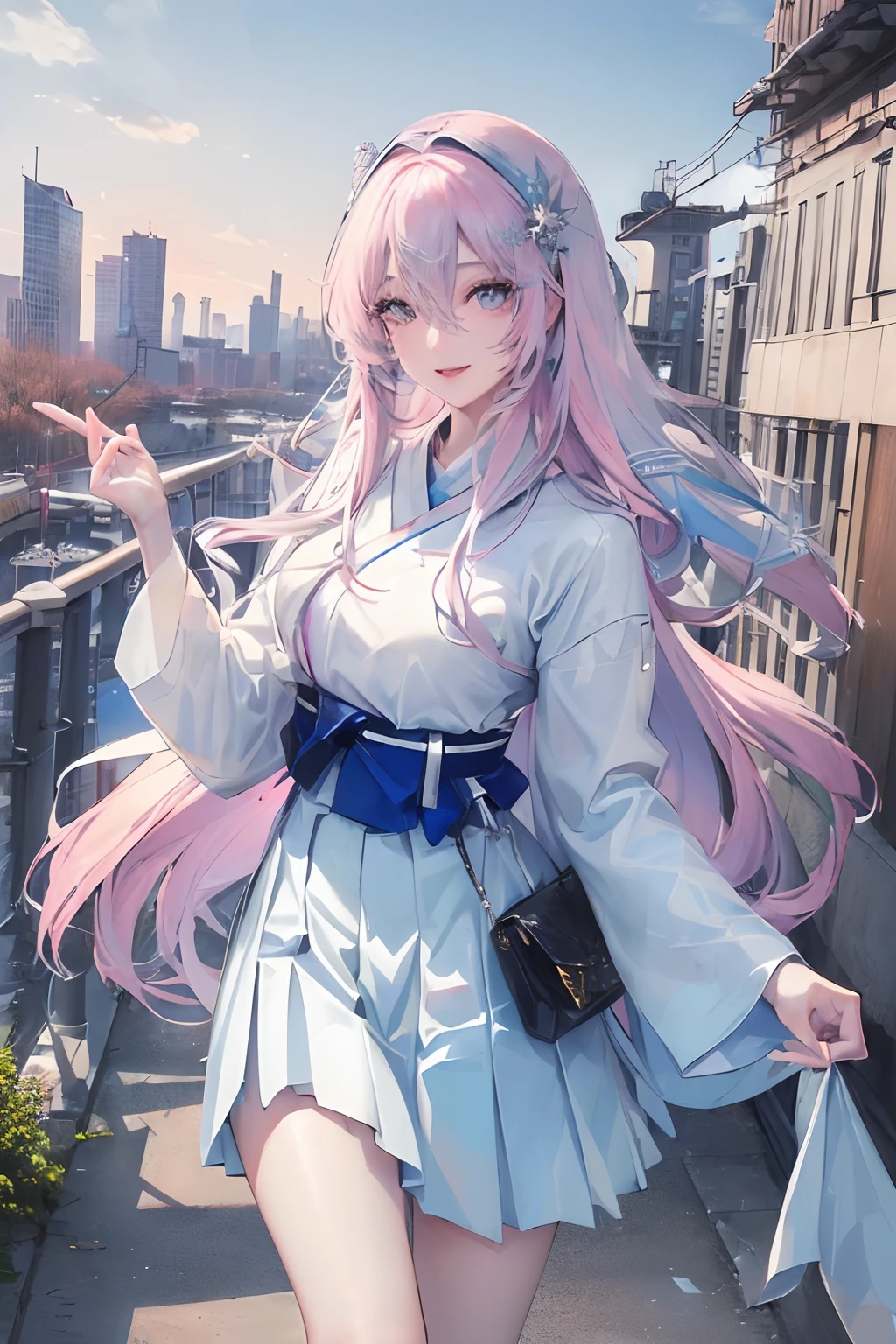 official art, masterpiece, sharp focus, (beautiful gorgeous cute Korean woman:1.3), (beautiful cute korean:1.3), korean beauty, Delicate and beautiful hair and eyes and face, realistic, ultra detailed, beautiful girl, blue sky, glow white particle, (sidelighting:1.2), sun light, white cloud, detailed clouds, slender, and very large hips, smile with teeth, ((smile with eyes, open both eyes)), scenery, long straight hair, , building, (cityscape:1.7), dynamic hair, long straight hair, detailed platinum pink hair, glow blue eyes, (blue pleated shirts + white skirt), white long socks, pale skin, hair ornament, epic scenery,