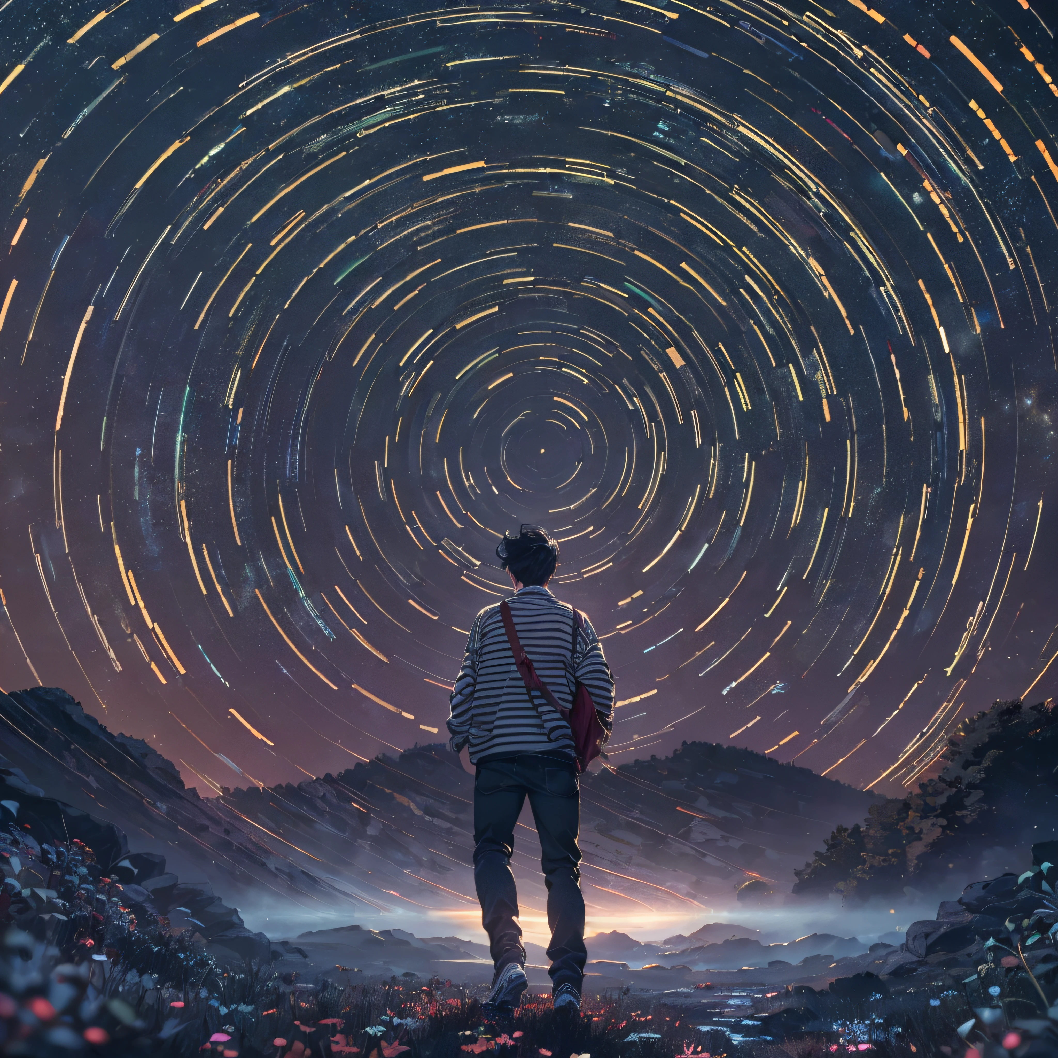 ((Best Quality, 8K, Masterpiece: 1.3)), landscape, morning shoot, star trail, slow speed, standing young man with black hair, black jeans, look at the stars, amazing scenery, hundreds of stars forming a circle, light waves, futures city, magic in hands.