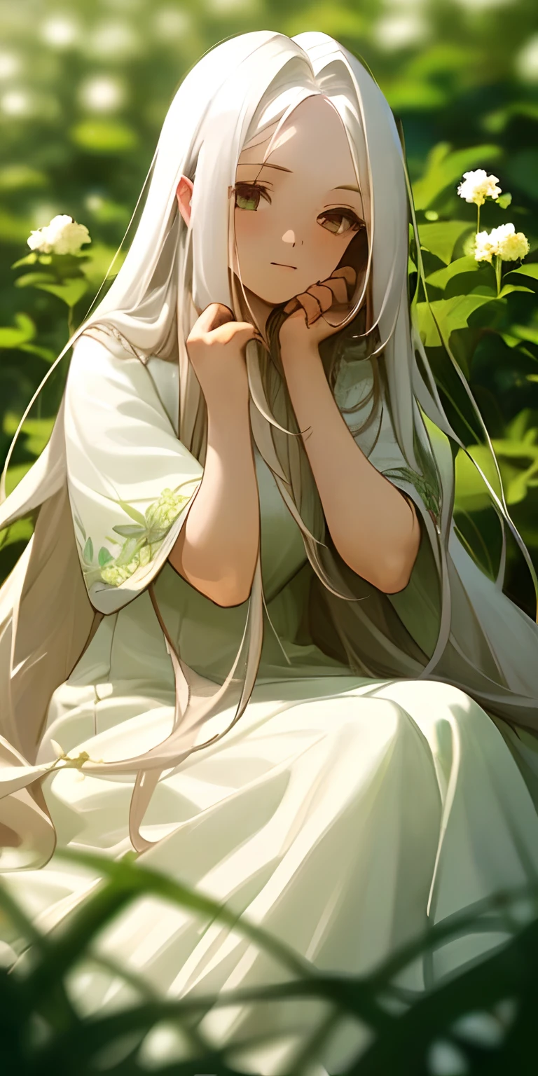 (masterpiece, best quality),1girl with long white hair sitting in a field of green plants and flowers, her hand under her chin, warm lighting, white dress, blurry foreground