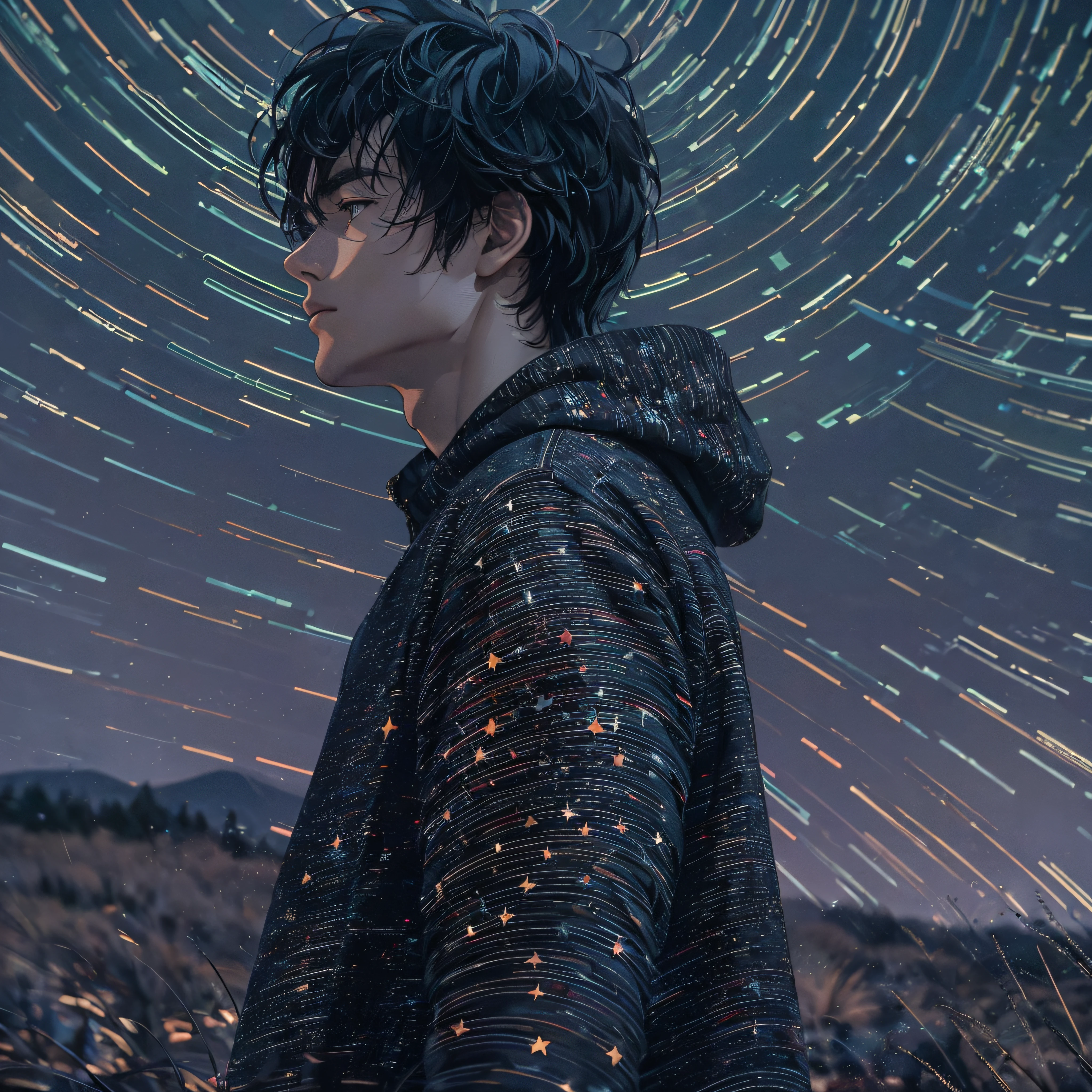 ((Best Quality, 8K, Masterpiece: 1.3)), landscape, morning shoot, star trail, slow speed, standing young man with black hair, black jeans, look at the stars, amazing scenery, hundreds of stars forming a circle, light waves.